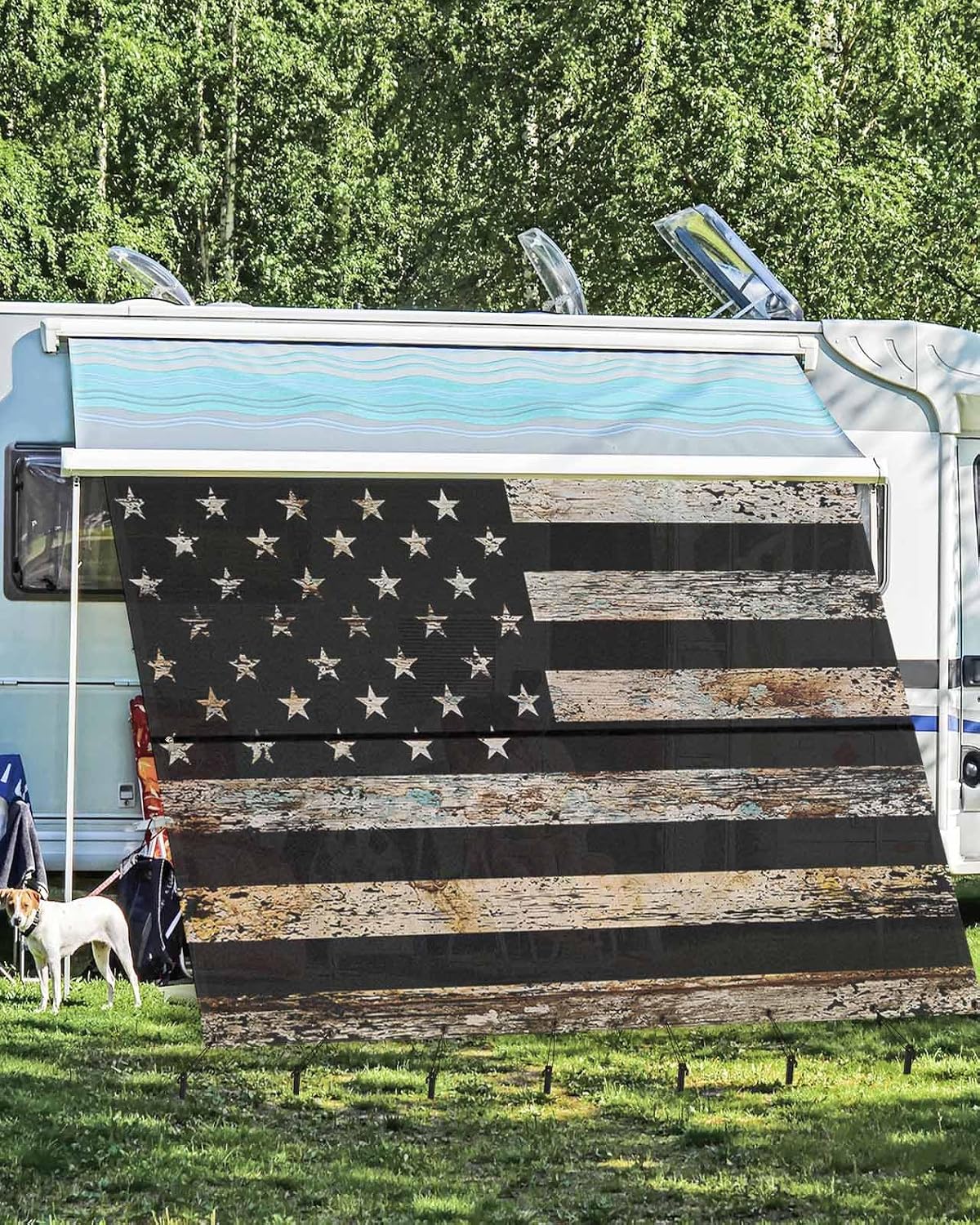 RV Awning Sun Shade Screen with Zipper 9'x15.5' Wooden Board Texture American Flag Mesh Sunshade UV Blocker Awning Shade Complete Kits for Motorhome Camper Travel Trailer Canopy