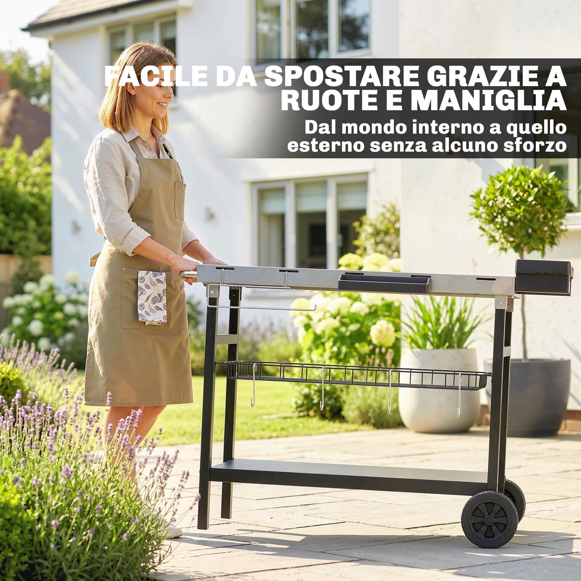 Outsunny Carrello Barbecue da Esterno con Piano in Acciaio Inossidabile, Carrello Cucina da Esterno con 2 Ruote, Porta Spezie, 4 Ganci e Maniglia Laterale, 114x61x81 cm, Nero