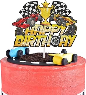 Racing Car Cake Topper, Happy 1st Birthday Cake Decor, Trophy Sign Cake Flag, Chequered Flag Themed Party Decoration Suppl...