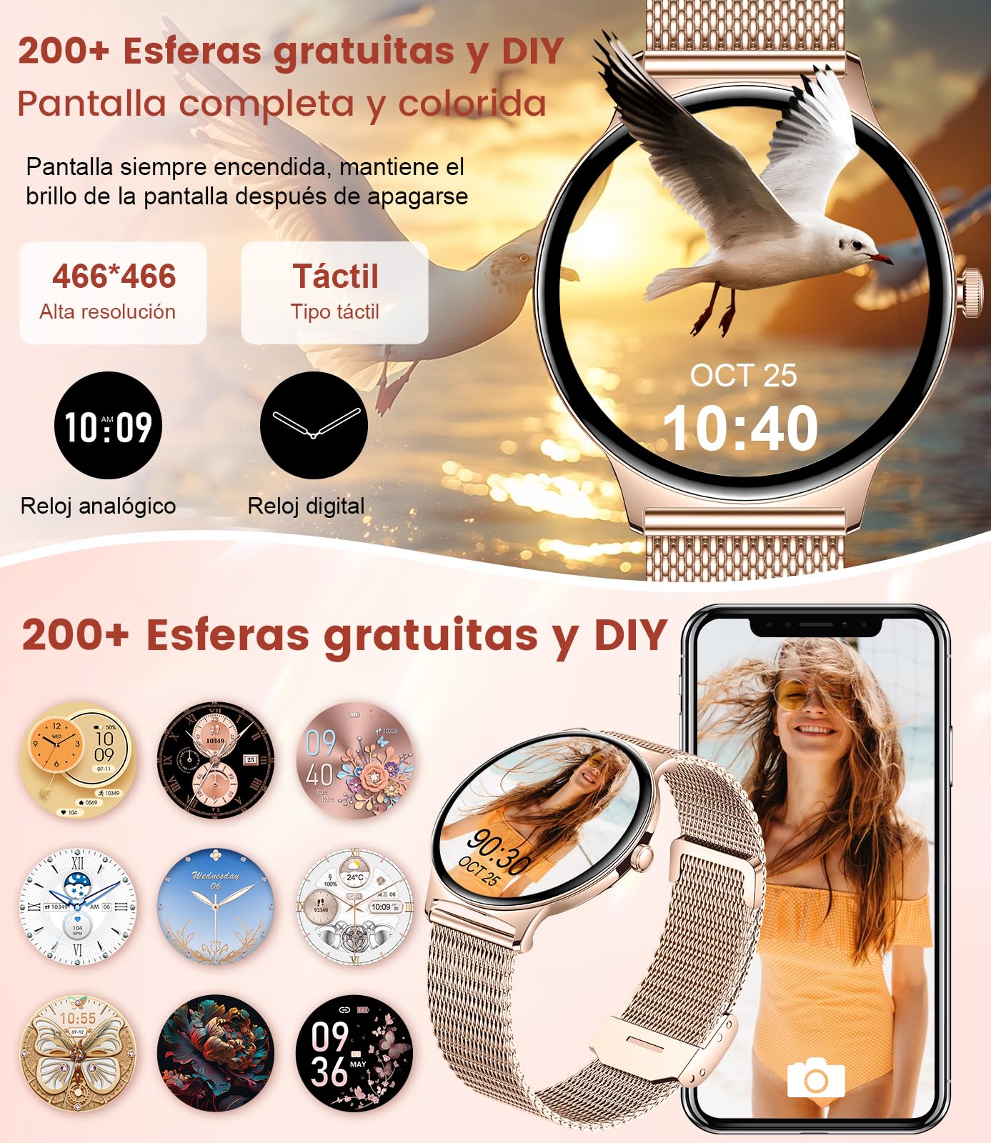 LIGE Reloj Inteligente Mujer con 1.43" AMOLED, IP68 Resistente al Agua/Llamadas Bluetooth/Monitoreo de Salud (Ciclo Menstrual, Sueño, Frecuencia Cardíaca), Estilo de Vida Saludable.