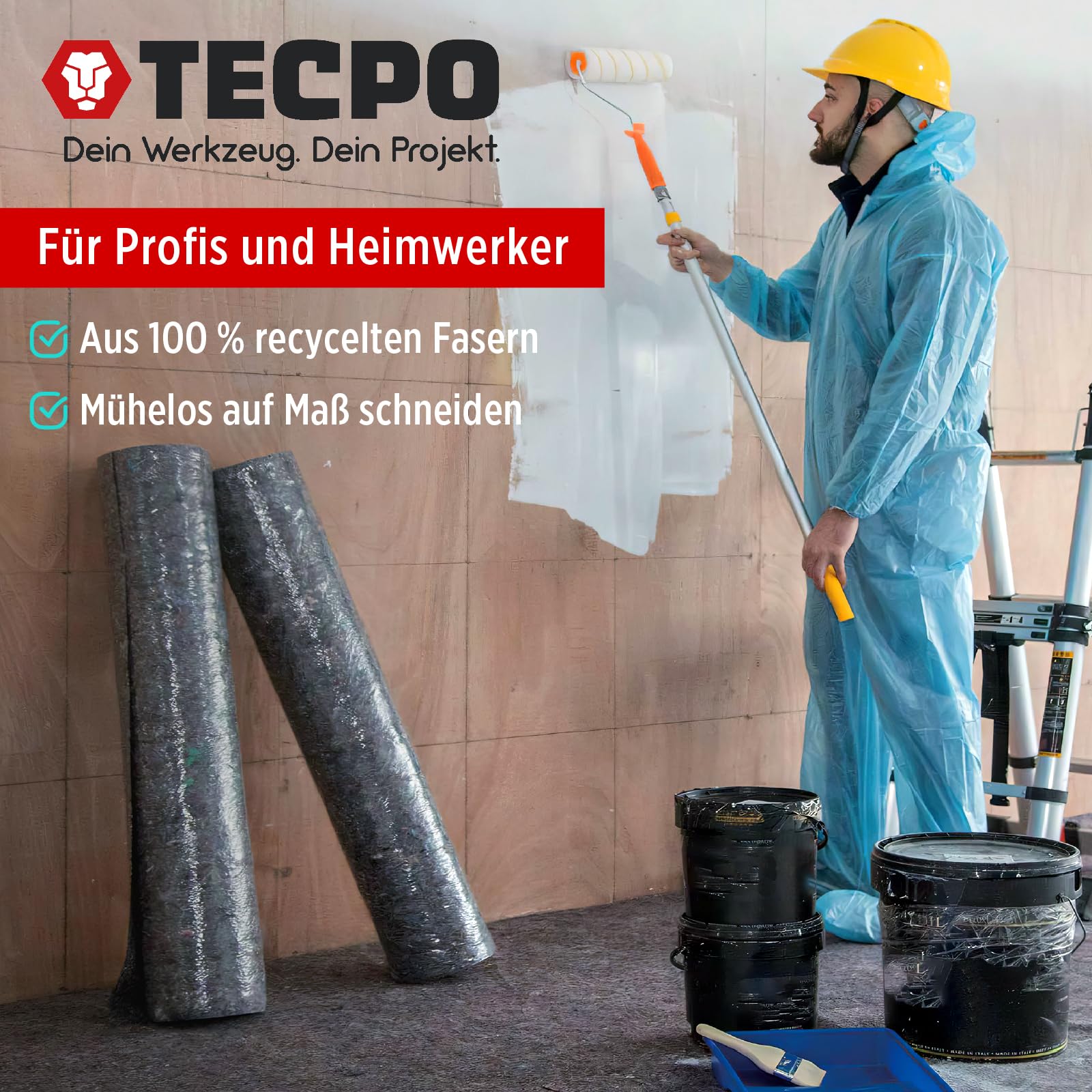 TECPO 2 rollos de vellón de pintor, 50 m, 200 g/m², revestimiento antideslizante, antifiltración, antideslizante, resistente al polvo, adecuado para renovación, cubierta, líquidos