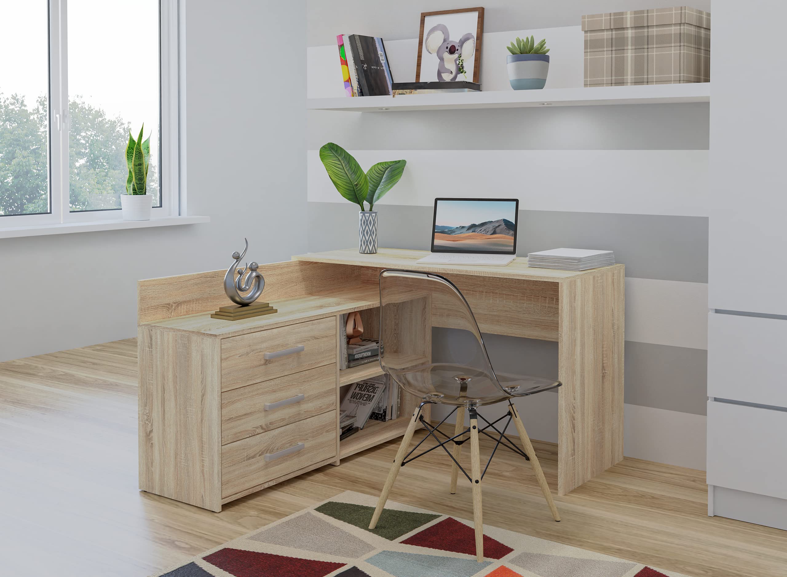 CDF Schreibtisch DANY 120x50x76 cm – Eckschreibtisch mit 3 Schubladen, modern & funktional, in Eiche Sonoma, stabil & pflegeleicht, ideal für Kinderzimmer oder Homeoffice