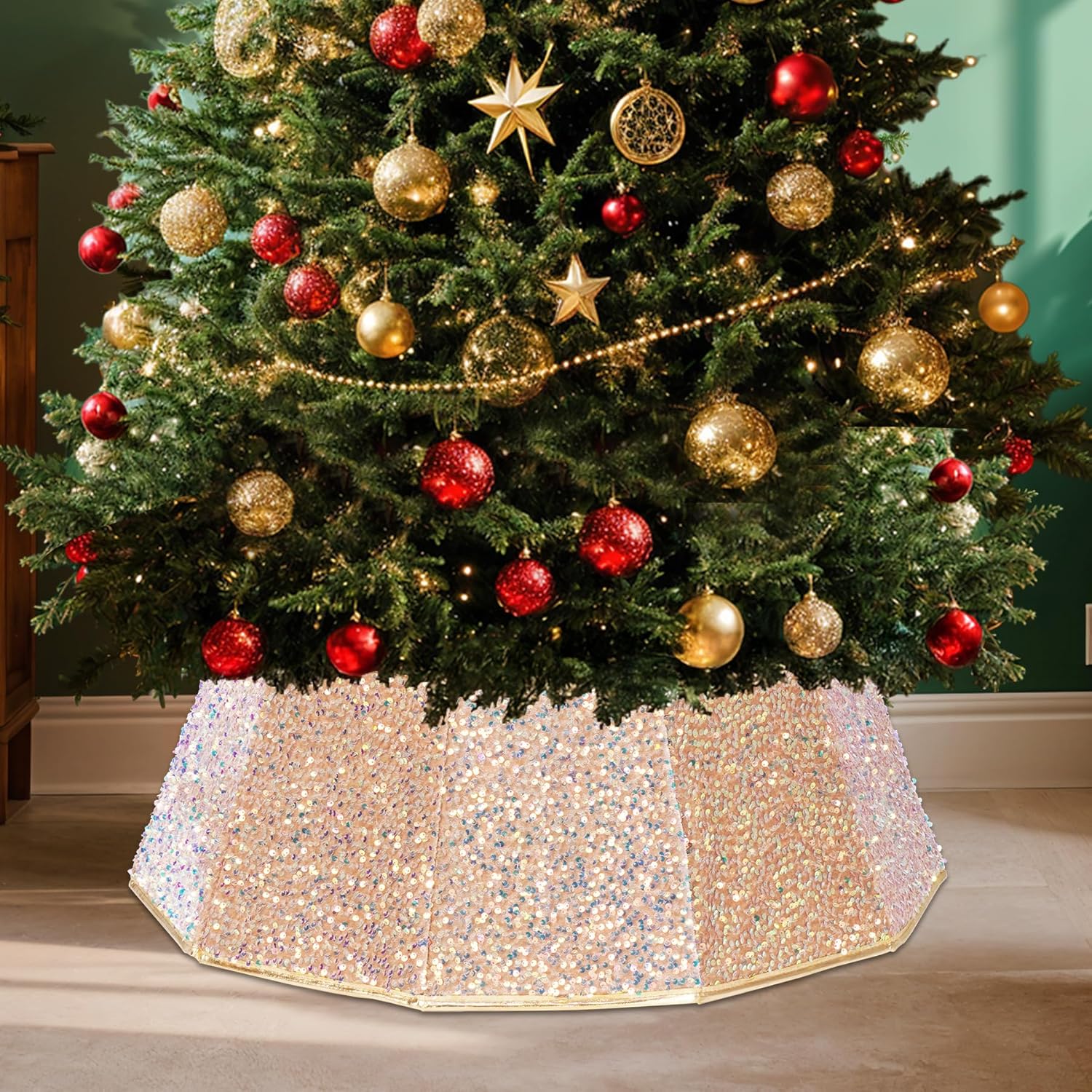29 inch Decagonal Shape Christmas Tree Skirt - Sparkling Glitter Fabric, Foldable Design for Easy Setup & Storage for Christmas and Halloween Decoration Trees with a Height of Less Than 9 FT