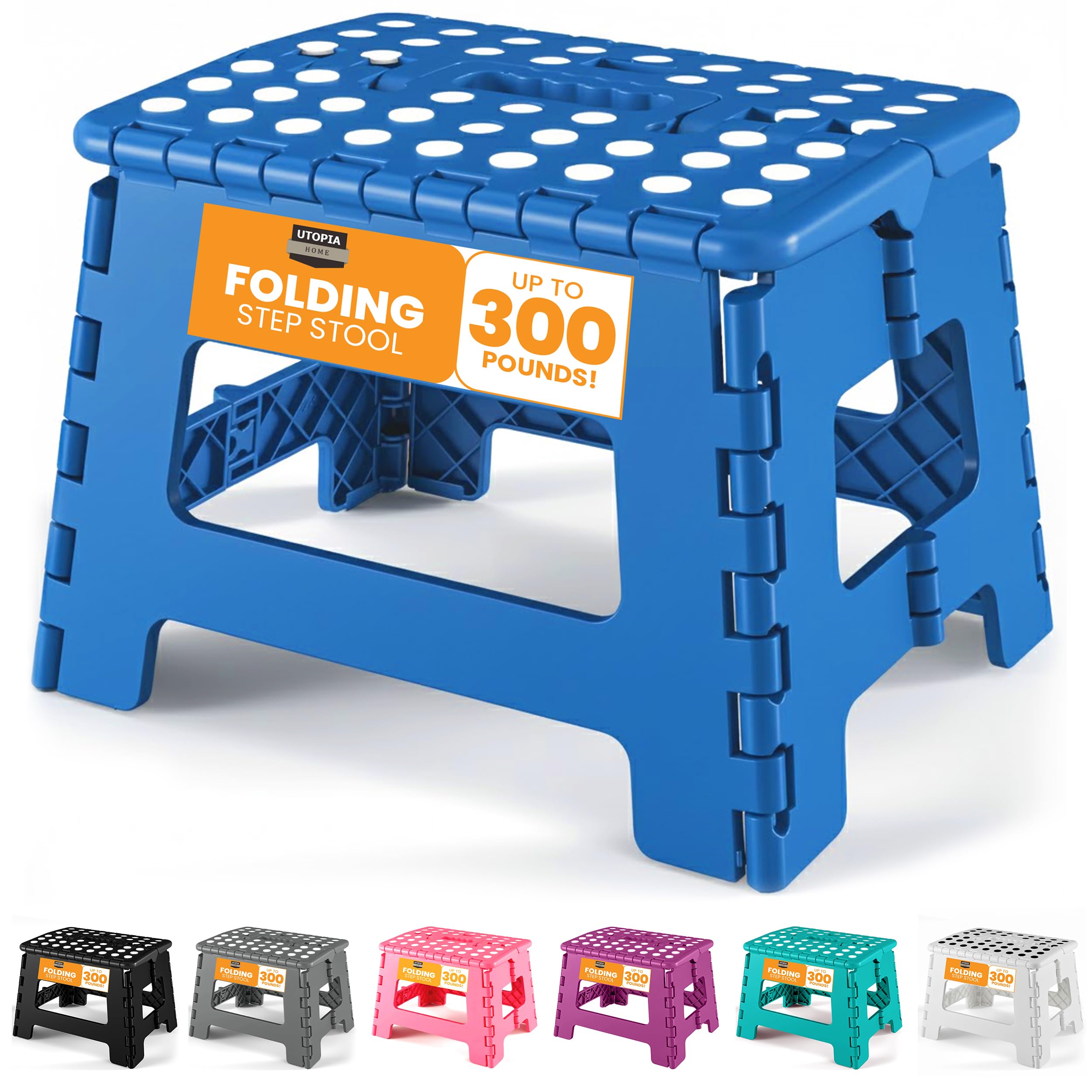 Utopia Home Folding Step Stool - (Pack of 1) Foot Stool with 9 Inch Height - Holds Up to 300 lbs - Lightweight Plastic Foldable Step Stool for Kitchen, Bathroom & Living Room (Blue)