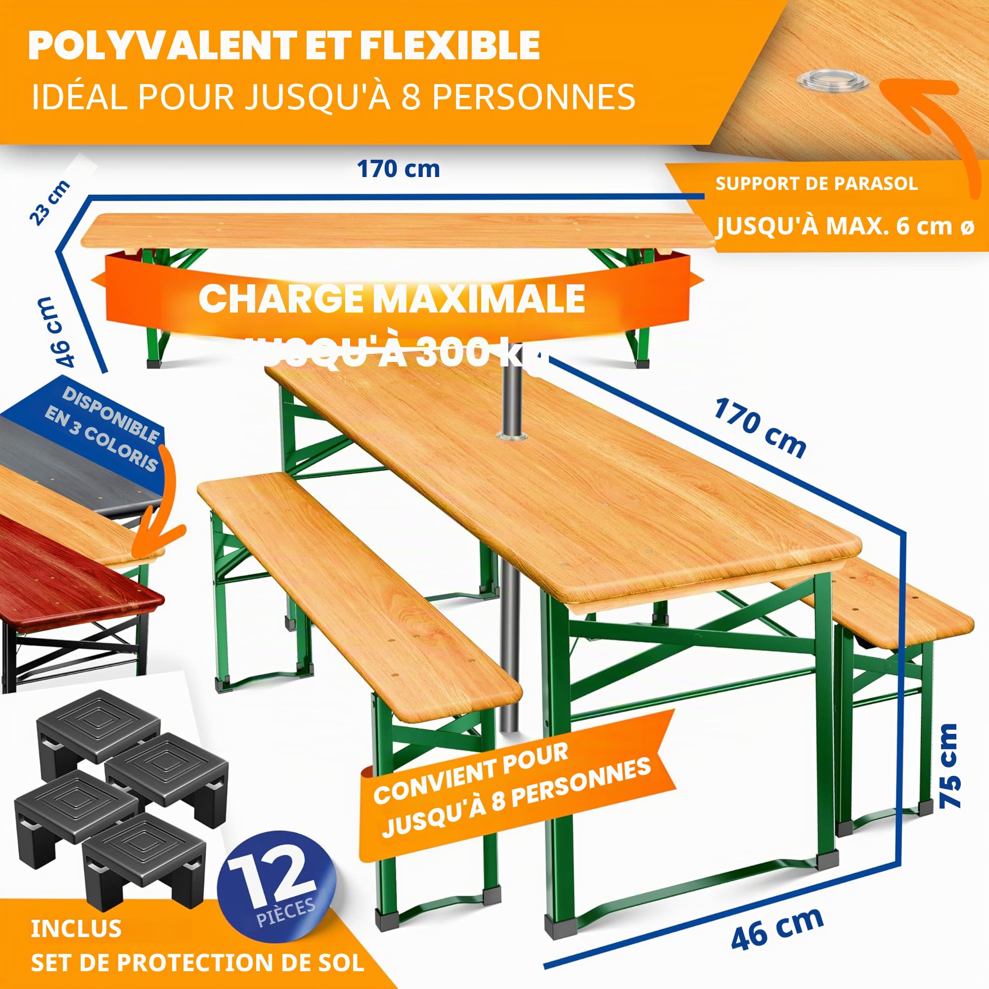 KESSER® Ensemble Table et bancs de Brasserie Set de Meubles de Jardin 3 pièces | Pliable 170 x 46 x 75 cm | 2X bancs de Brasserie 1x Table de Brasserie | Haute
