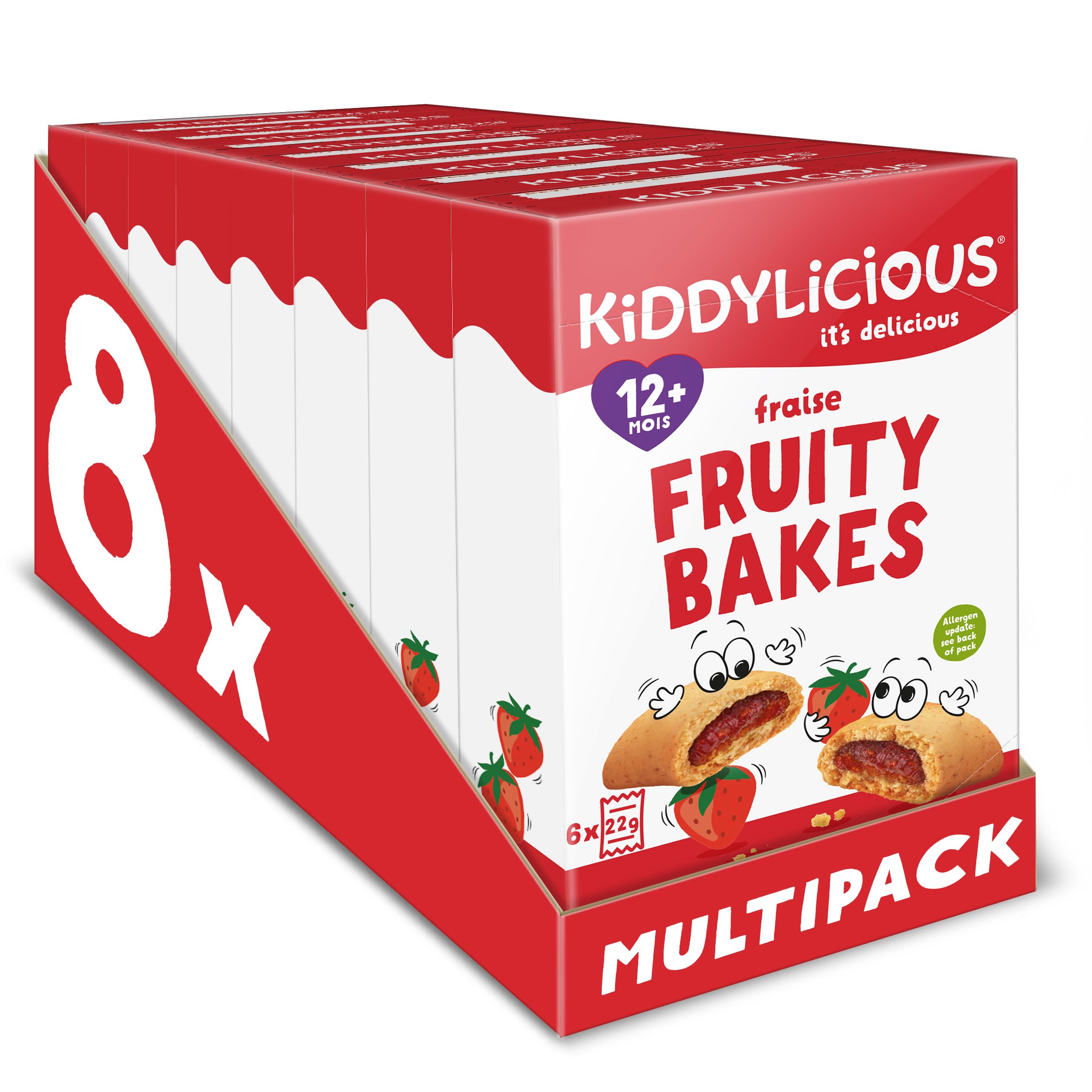 Kiddylicious Fruity Bakes Fraise | Dès 12 Mois | Fourrés à la Purée de Fruits | 8 Packs de 132g (6 Sachets de 22g) | 1.06 kg