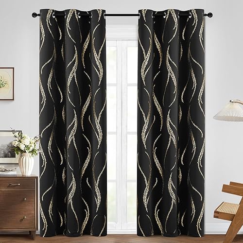 Miniatura 2 de Yakamok Cortinas opacas de 84 pulgadas de largo para sala de estar, con aislamiento térmico, patrón de líneas onduladas doradas, patrón de puntos,