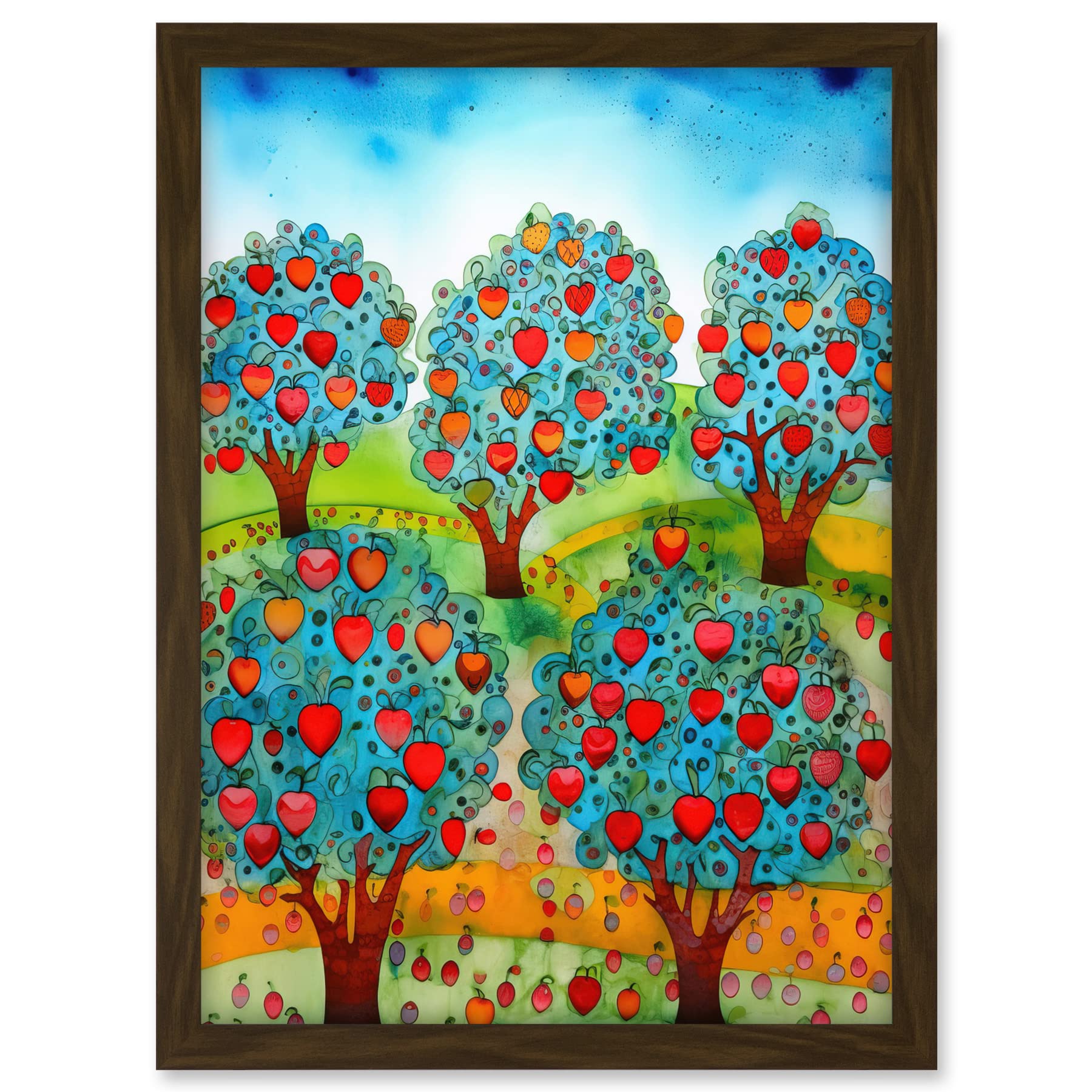 Artery8 Apple Orchard Trees Ready For Harvest Folk Art Landscape Watercolour Painting Artwork Framed A3 Wall Art Print