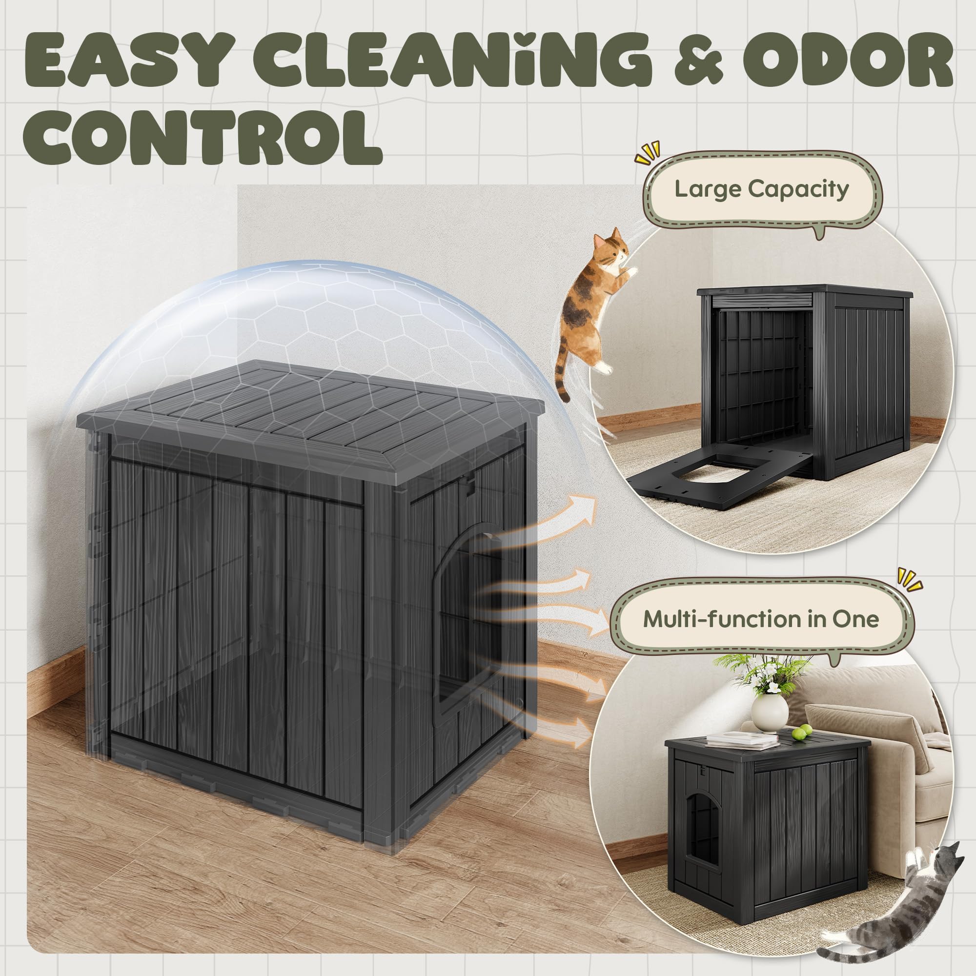 Cat Litter Box Enclosure, Plastic Hidden Litter Box Side Table with Openable Front Door, Waterproof & Weatherproof Cat Box Enclosure Cabinet for Indoor & Outdoor Use (Black) - image 6