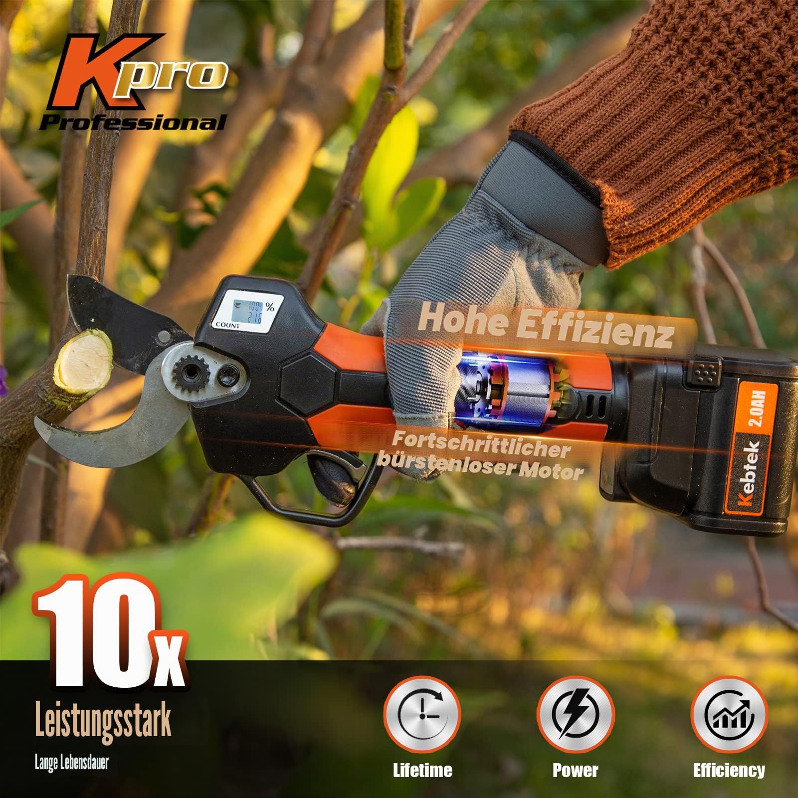 Kebtek Elektrische Gartenschere, 40 mm Schnurlose Gartenschere mit Verlängerungsstange 21V Bürstenloser Motor 2 Ah Wiederaufladbarer Akku, LCD-Display