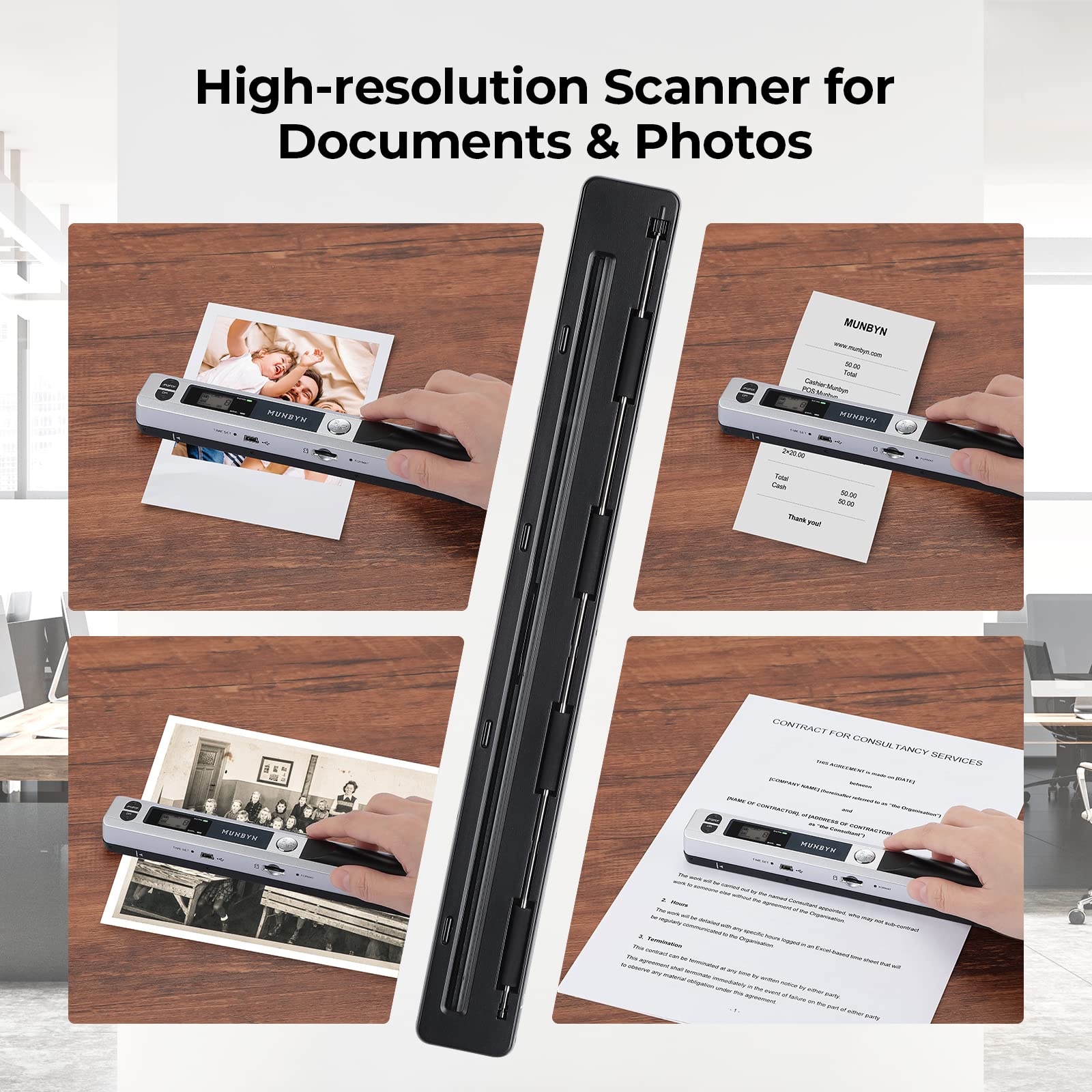 MUNBYN [Handscanner] Auflösung s/w und Farbe Dokumentenscanner/Scanner Mobil / 900DPI Wireless Tragbarer A4 Scanner mit Karte JPG und PDF Format- 16G Micro SD - Silber