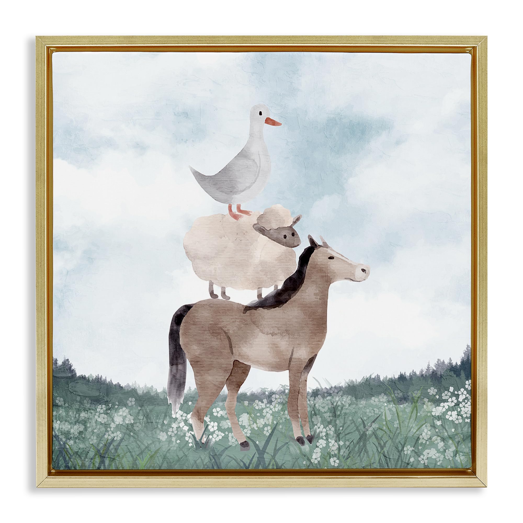 Stupell Industries Metallic Gold (Matte) 'Muted Blue Sky Farm'| Floating Frame Canvas Art