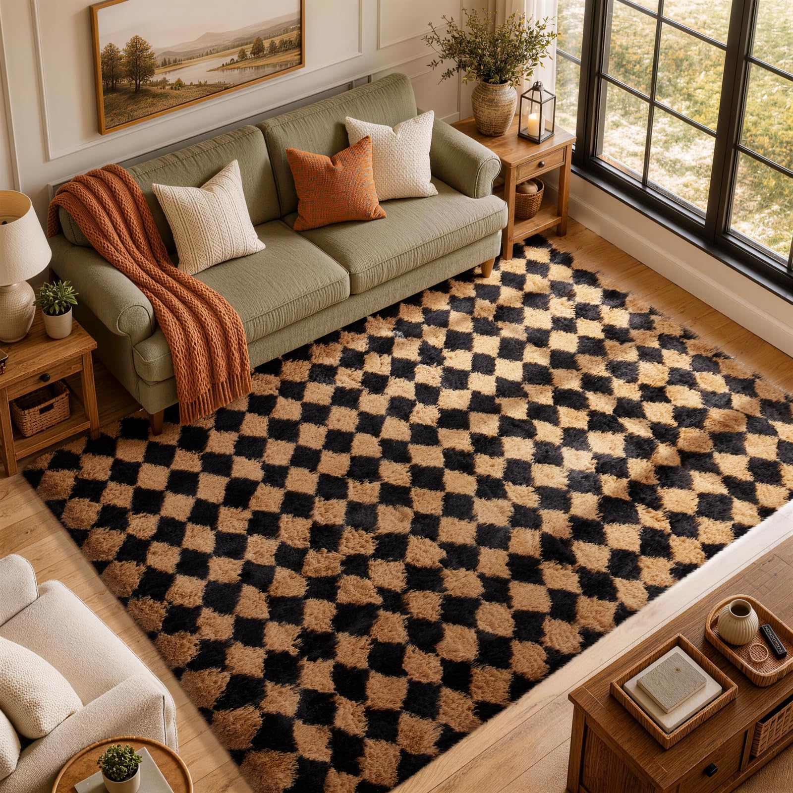 Ophanie 8x10 Black &amp; Beige Diamond Checkered Rugs for Living Room Bedroom,Large Rhombus Fluffy Soft Fuzzy Area Rugs,Plush Shaggy Bedside Floor Carpet Kids Baby Dorm Decor with Over 99 pcs Pile fibers