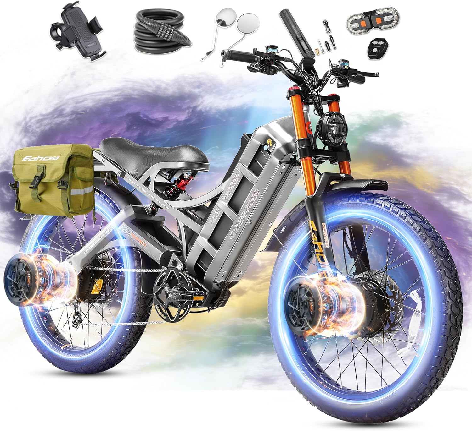 eAhora 2026 Romeo Pro3/2 50/46Mph Ebike 5600/4000W Dual Motor 200+Miles Electric Bike for Adults, 52V/70Ah 60V/80Ah Long Range 26 * 4.0" Fat Tire Full Suspension Electric Mountain Bike