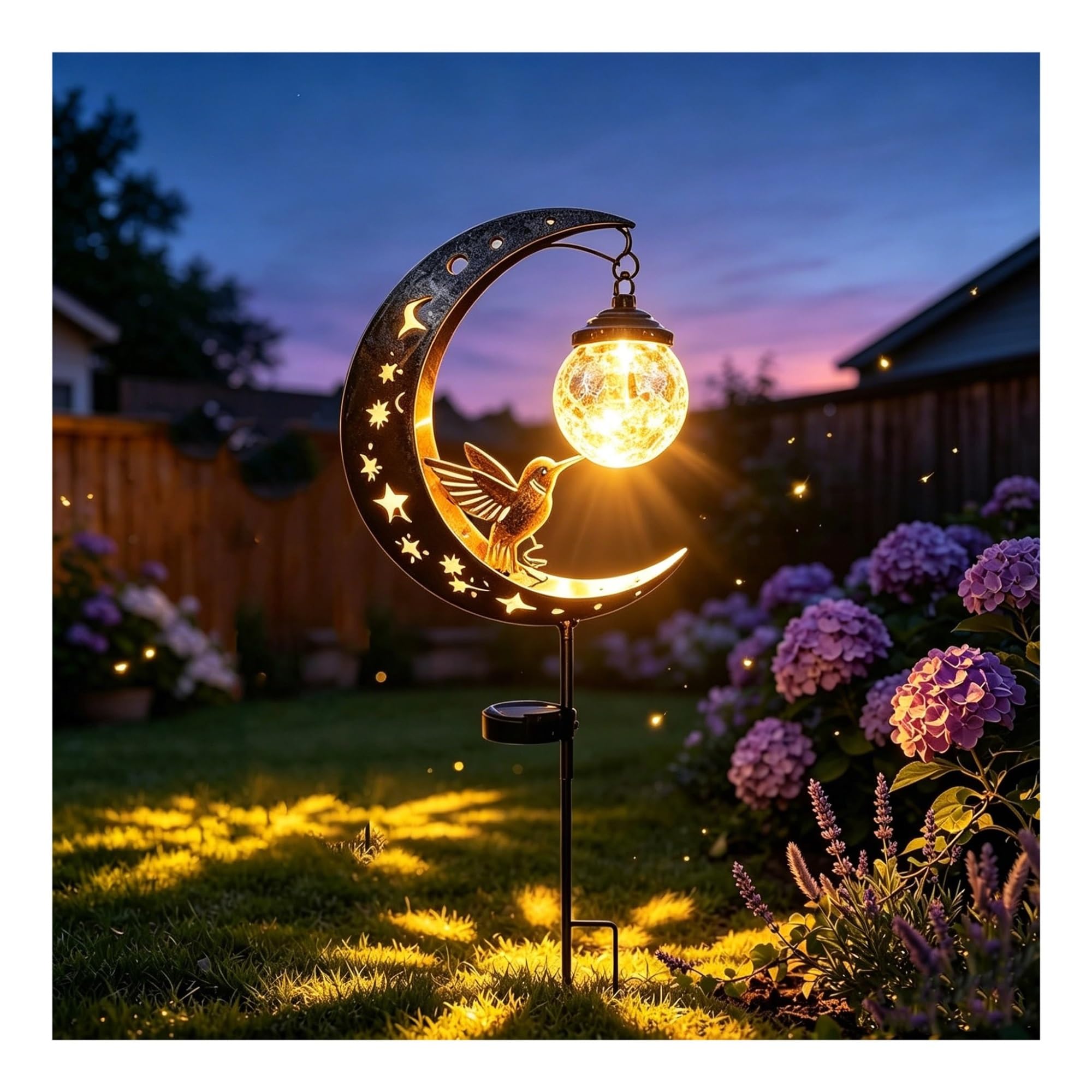 sloiaz Hummingbird Half Moon Solar Garden Stake Lights, Waterproof Crackle Glass Warm White LED Pathway Lamp, Metal Outdoor Decor for Lawn Patio Yard Path(2pcs)