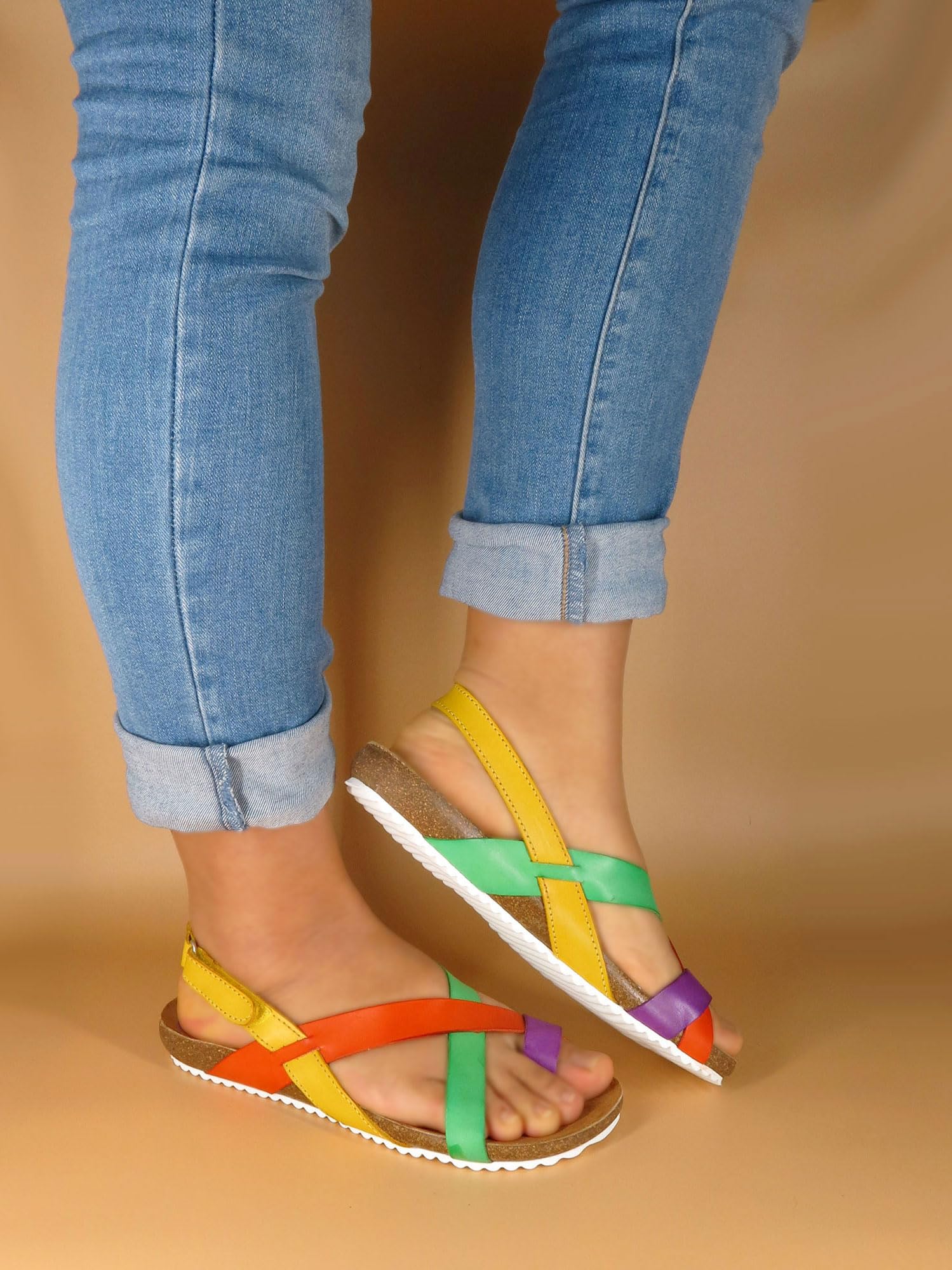 Damen Sandalen Leder Sommerschuhe Korksohle Echtleder Fußbett