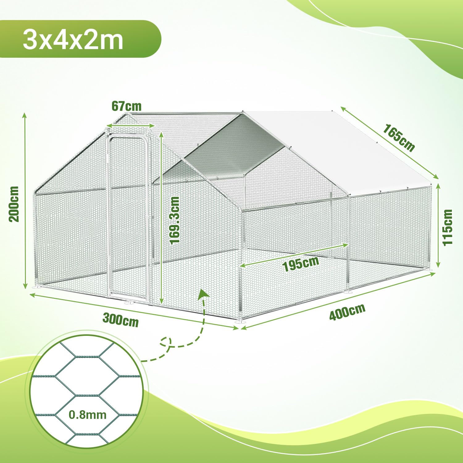 Gallinero de 3 x 4 x 2 m, de acero galvanizado, para gallineros, con techo y puerta para mascotas, jaula de pollos, jaula para pájaros, animales pequeños y plantas