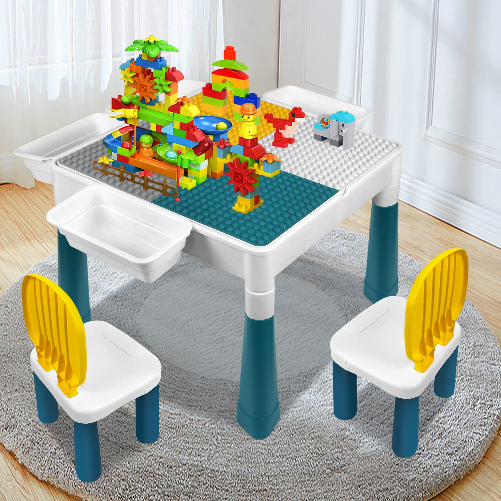 Table 6 en 1 pour enfant avec 2 chaises et 163 blocs de construction - Table d'activité multifonction avec plateau double face - Espace de rangement idéal pour le jeu, l'apprentissage et la