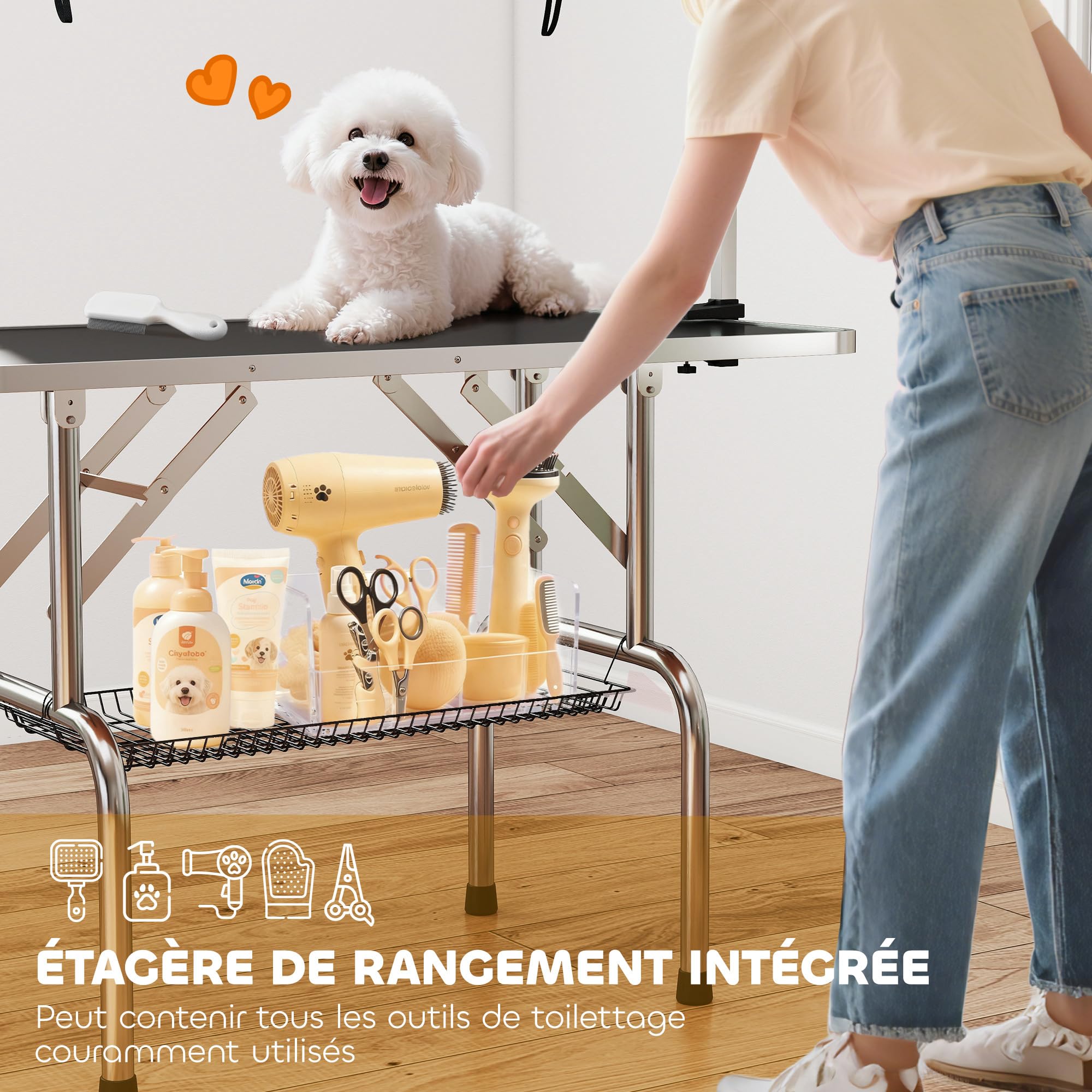 PawHut Table de toilettage pour Chien Chat Animaux, Pliante 107x60x76cm - Potence H INOX réglable - Station Robuste 100kg avec Surface antidérapante - 2 Sangles, Panier Maille - idéal Domicile - Noir