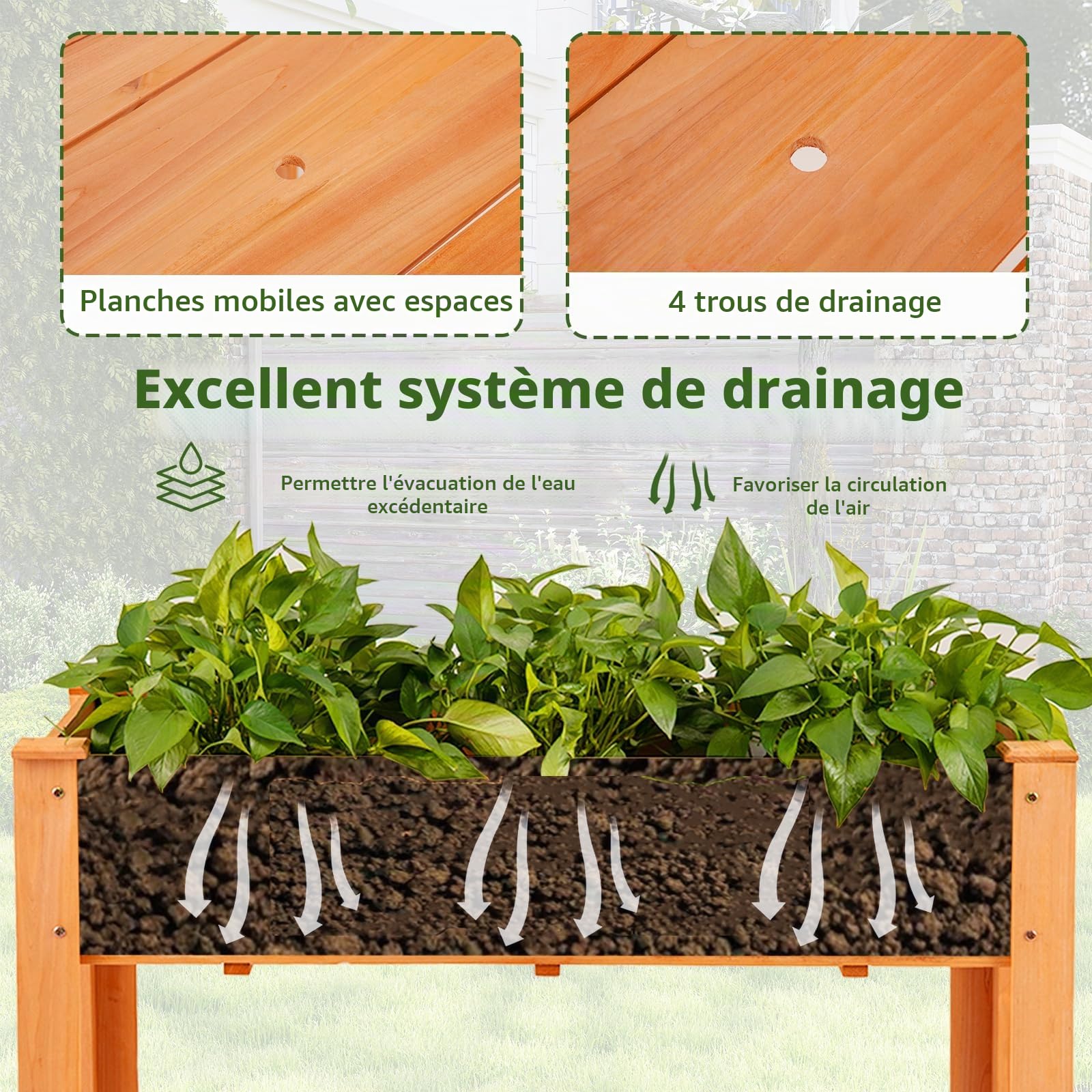 GOPLUS Carré Potager sur Pieds en Bois de Sapin, Jardinière Surélevée Extérieure avec Trou de Drainage, pour Fleurs, Légumes et Fruits, 120,5x60,5x81,5CM (Orange)
