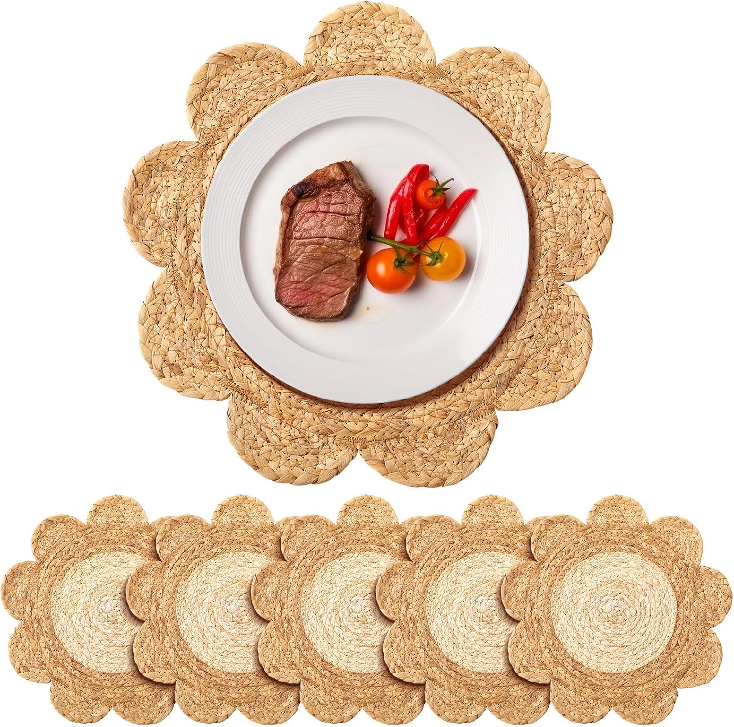 Set of 6 13.8" Scalloped Woven Rattan Placemats, Round Wicker Plate Chargers, Boho Farmhouse Rustic Dining Table Decor, Elegant Straw Table Mats for Holiday, Wedding, and Dinner Plates