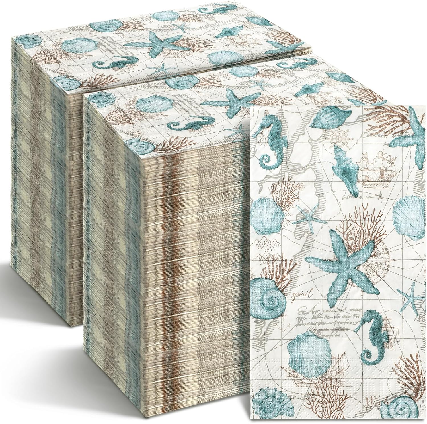200 Pieces Summer Paper Hand Towels for Bathroom Beach Guest Napkins Seahorse Shell Conch Starfish Decorative Paper Napkins Nautical Disposable Hand Towels for Baby Shower Party Supplies