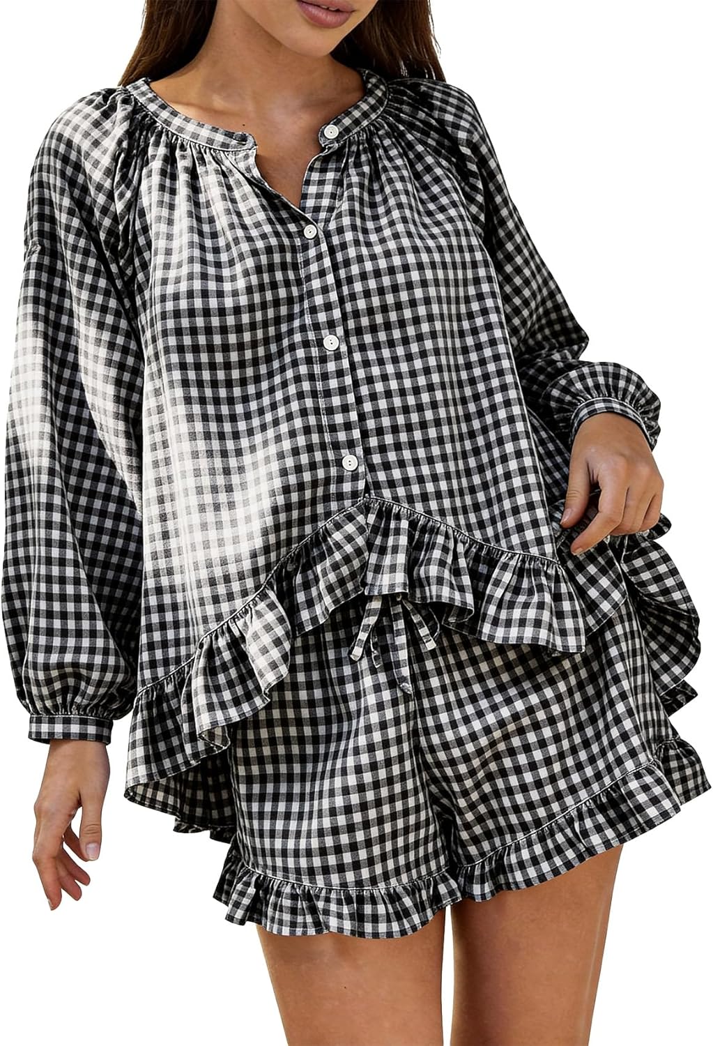 COZYPOIN Womens 2 Piece Gingham Pajama Set Y2K Plaid Cotton Long Sleeve Button Down Shirt and Ruffle Shorts Lounge Set