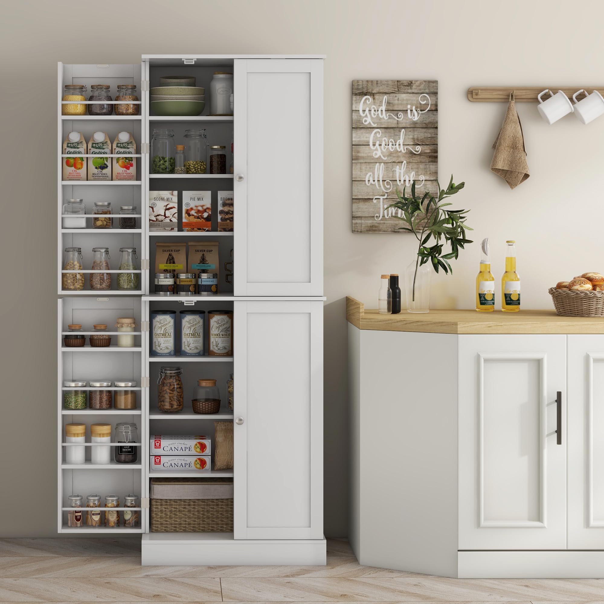 HOMCOM Küchenschrank, Sideboard, Küche, Geschirr, Aufbewahrungsschrank, moderner Stil, mit Schränken, verstellbarem Regal und Gewürzhalter, für Esszimmer, Wohnzimmer, 60 x 35 x 166 cm, Weiß