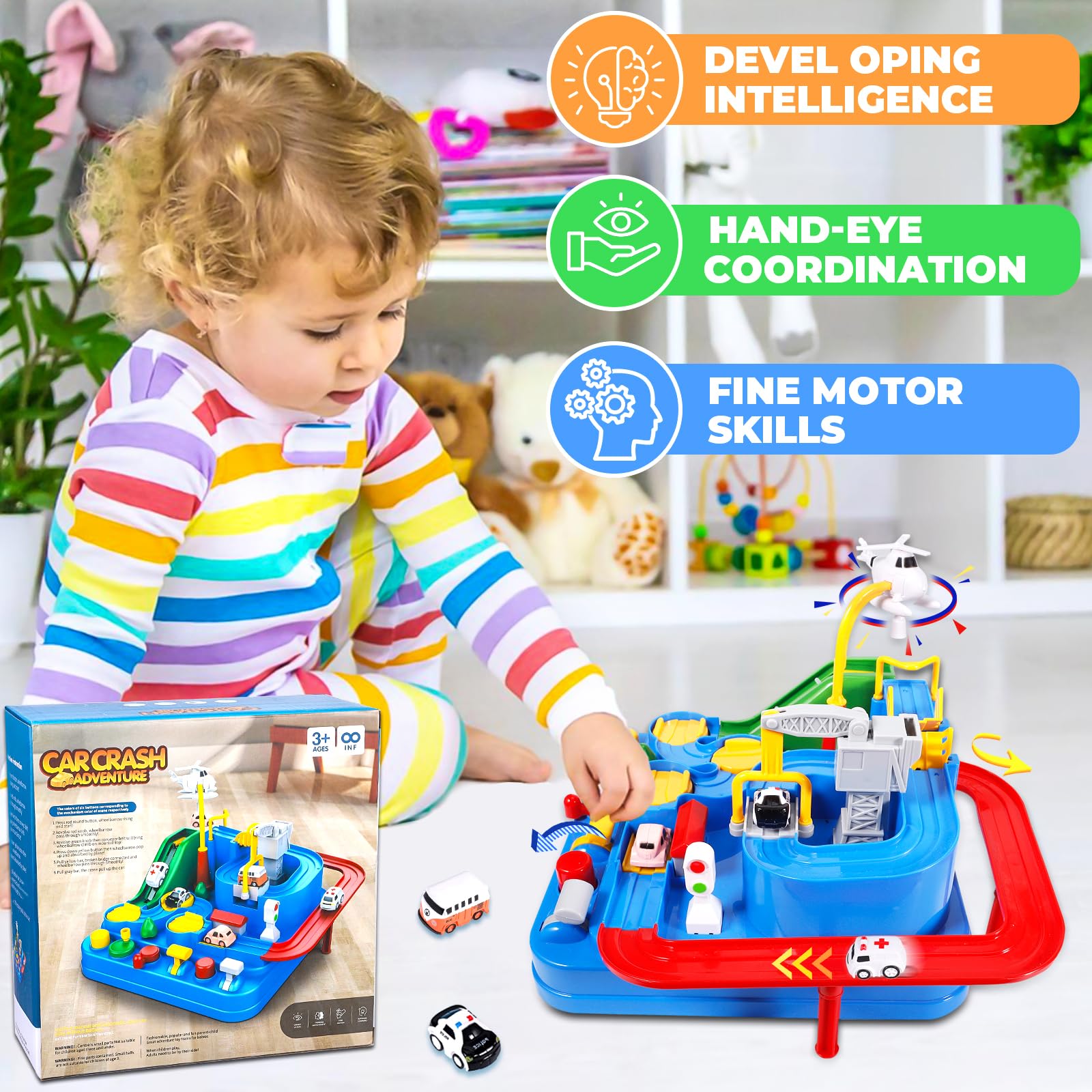 XUNIVERS - Giocattoli d'avventura in auto, pista per auto, giocattoli d'avventura, giocattolo educativo e interattivo, giochi Montessori per bambini e ragazze, regalo con elicottero