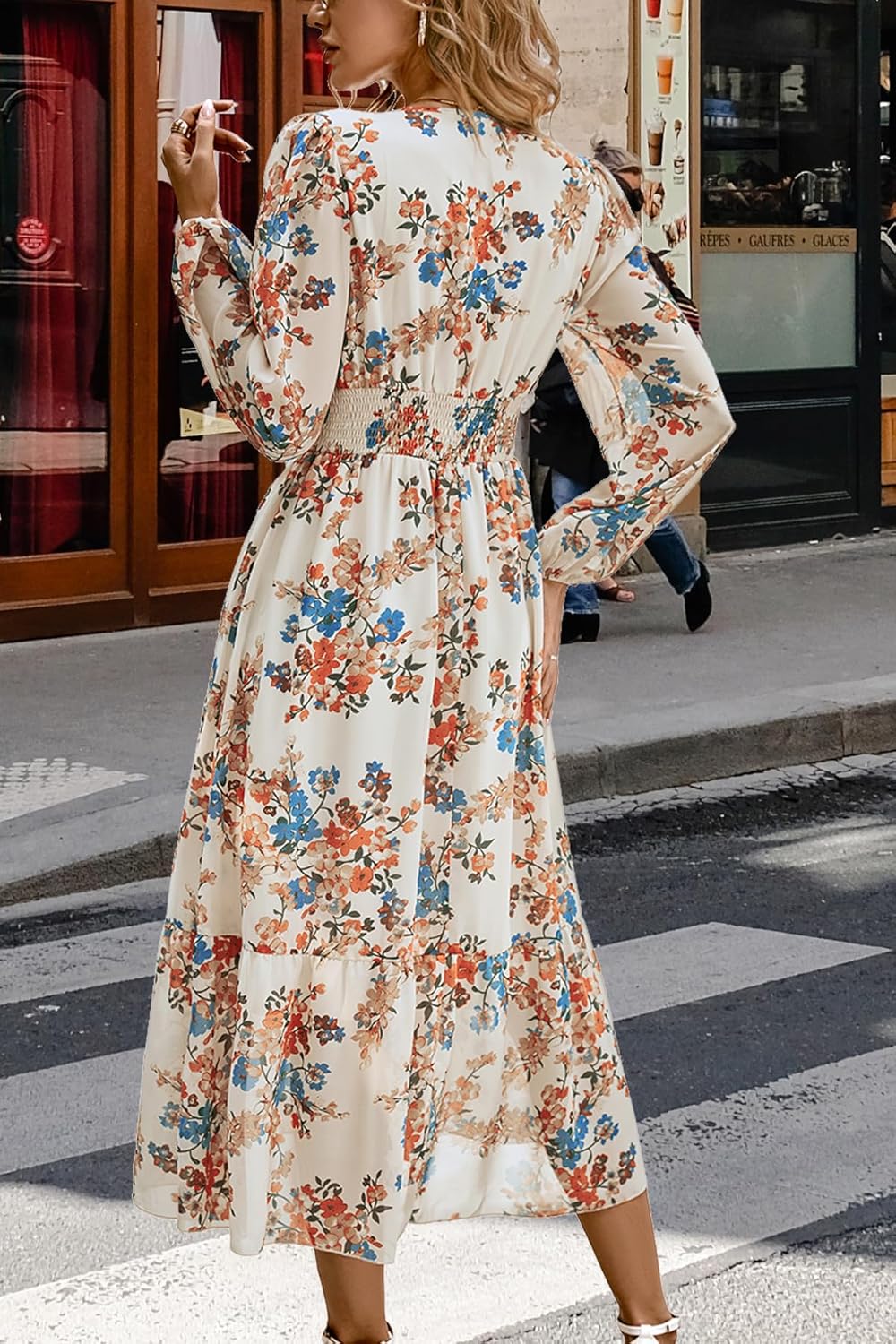 Women's Spring Wrap Maxi Dress Floral V Neck Long Sleeve Wedding Guest Party Casual Chiffon Dress - Image 4