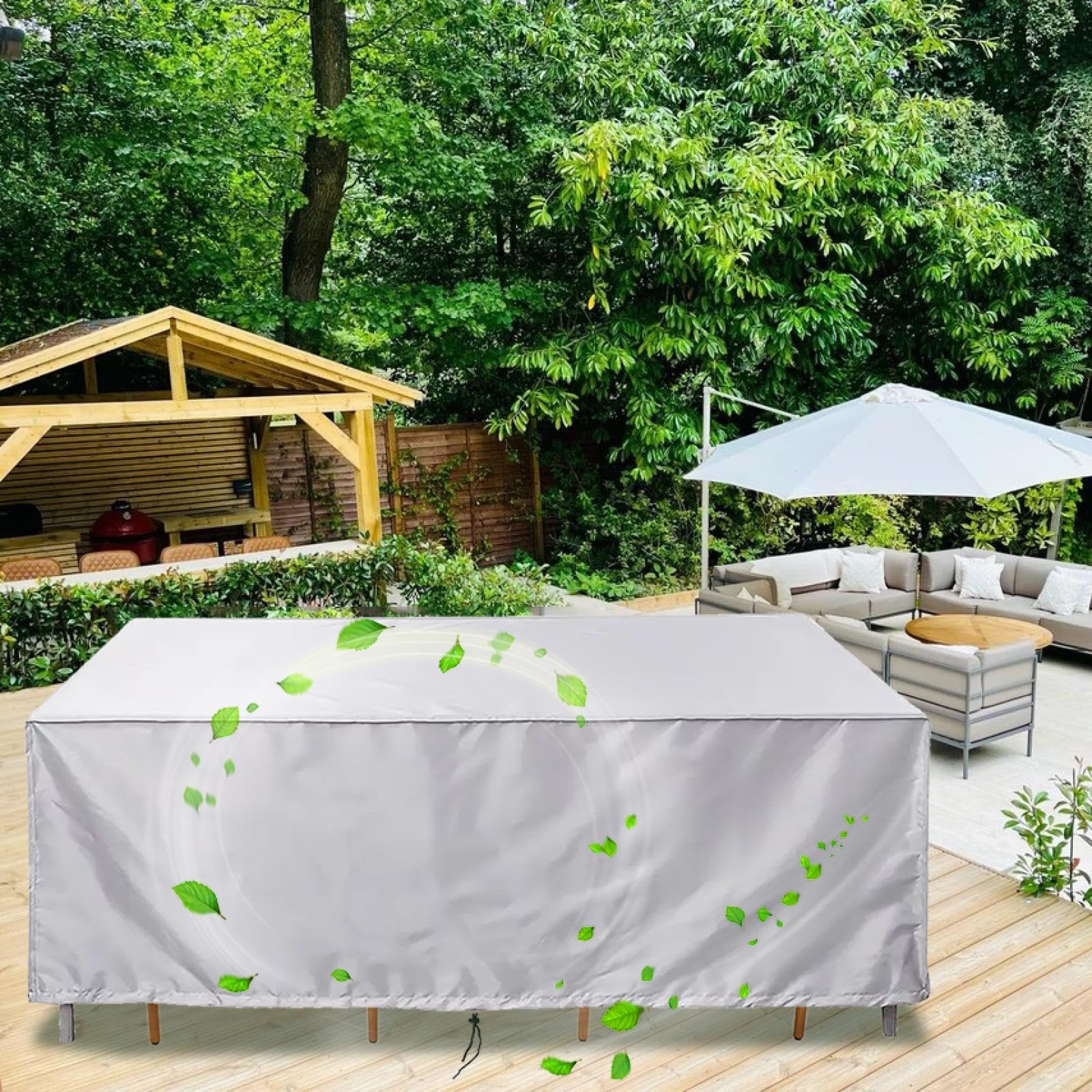 Hnbfkd Silver Outdoor Garden Dust Cover 275X215x80cm/Lxwxh Rattan Cube Table Cover, 420D Oxford Patio Waterproof Outdoor Garden Square Table Windproof Patio Table And Chairs