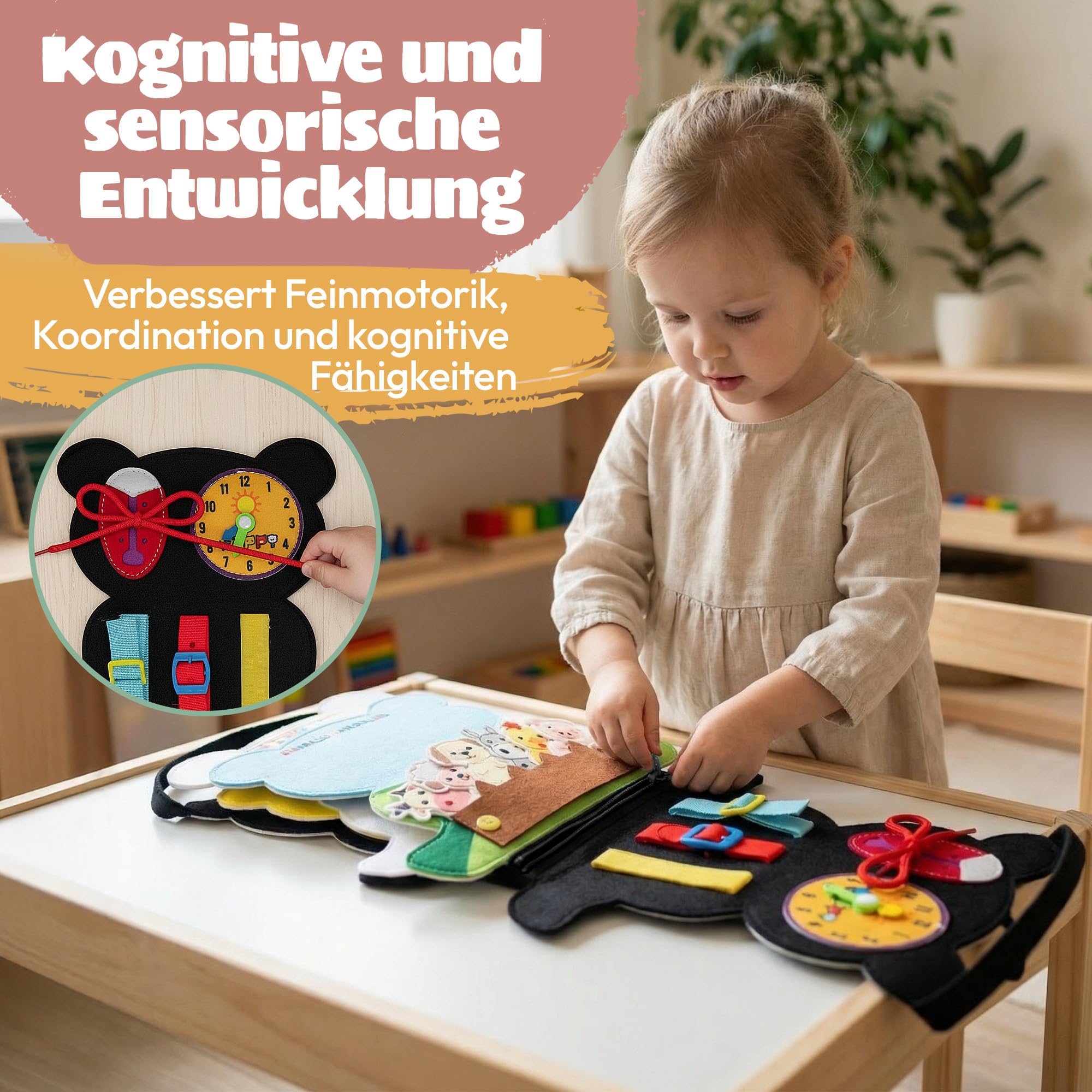Montessori Busy Board aus Filz ab 3 Jahren - Sensorisches Busy Book mit Buchstaben, Zahlen und Tieren - Montessori Spielzeug ab 3 Jahren mit Feinmotorik Übungen - Panda Design