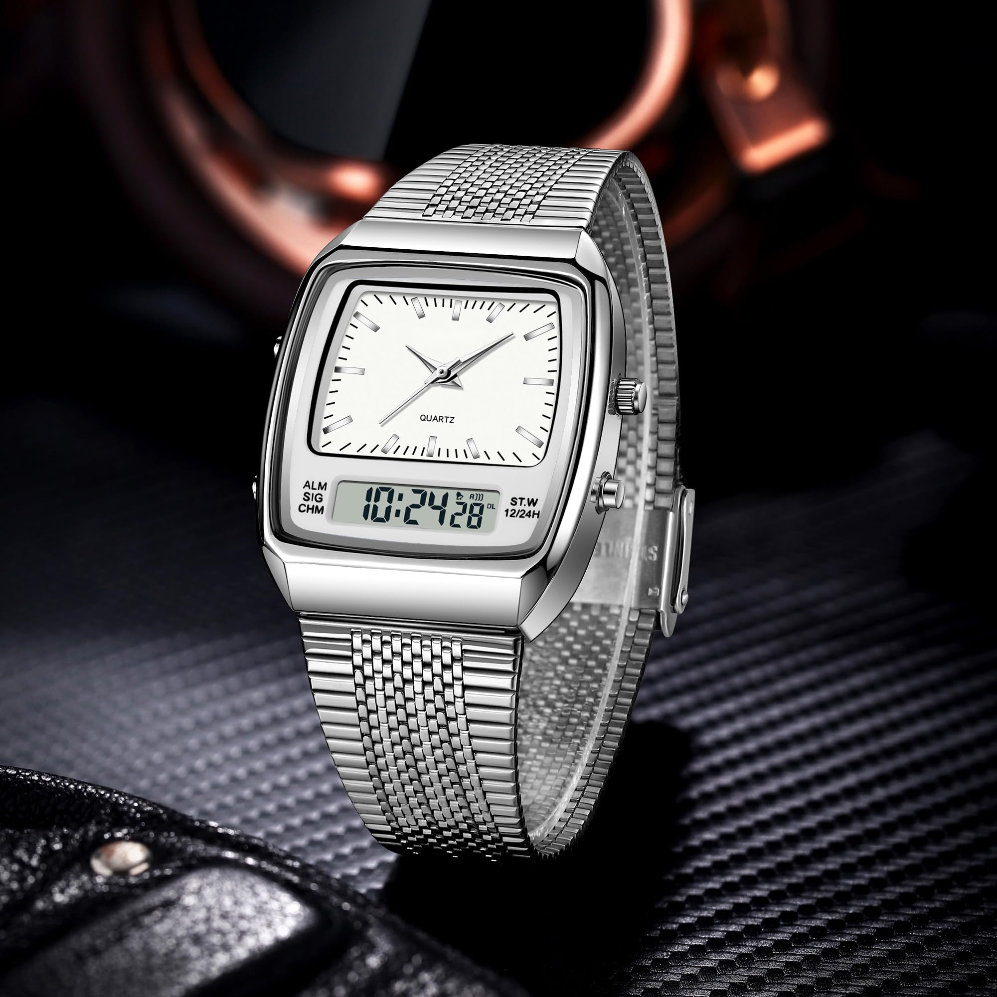 findtime Relojes para hombre y mujer, resistente al agua, analógico, digital, correa única, alarma de negocios, relojes retro, luz de fondo LED, multizona horaria, reloj de pulsera rectangular