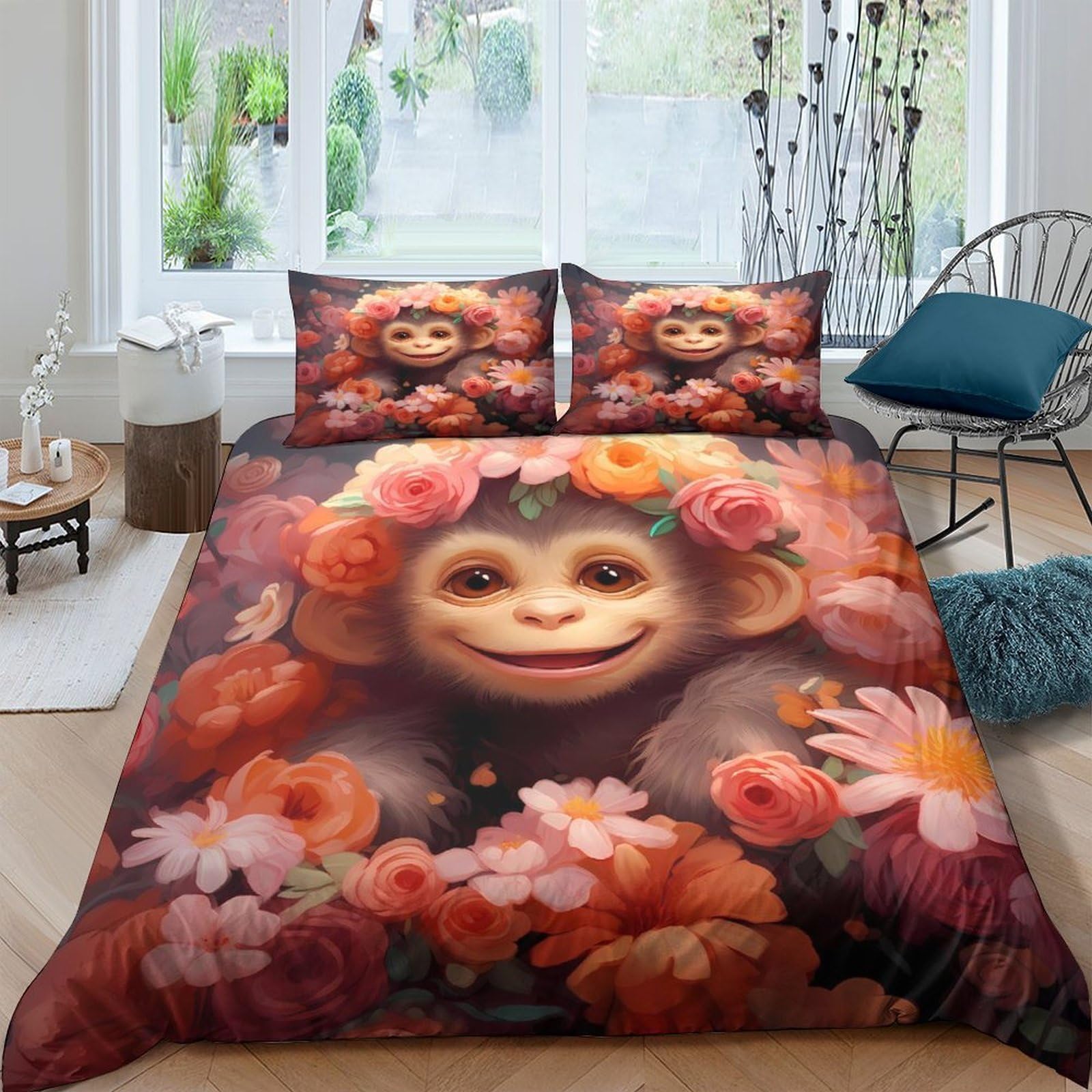 Ctjqhvkz Style-2 3D Printed Floral Monkey Fitted Sheet Microfiber Soft Anti-Slip Bed Cover For Bedroom Dorm Decor Single（135X200cm）