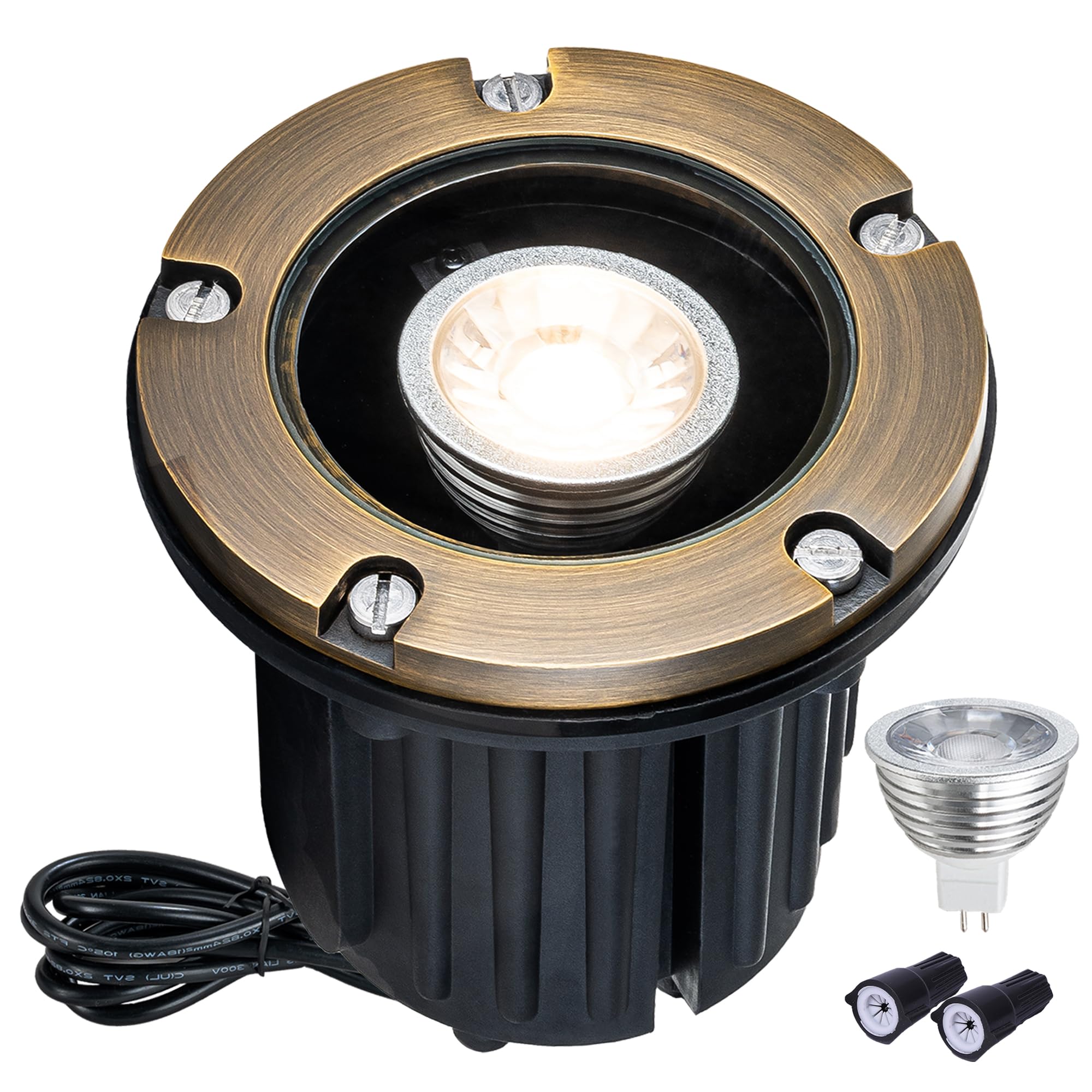 Brass Well Lights Landscape Lighting LED Low Voltage 12V Outdoor In Ground Lights for Pathway, Driveway, Deck and Garden, with MR16 Bulb 3000K Warm White (Flat Top)