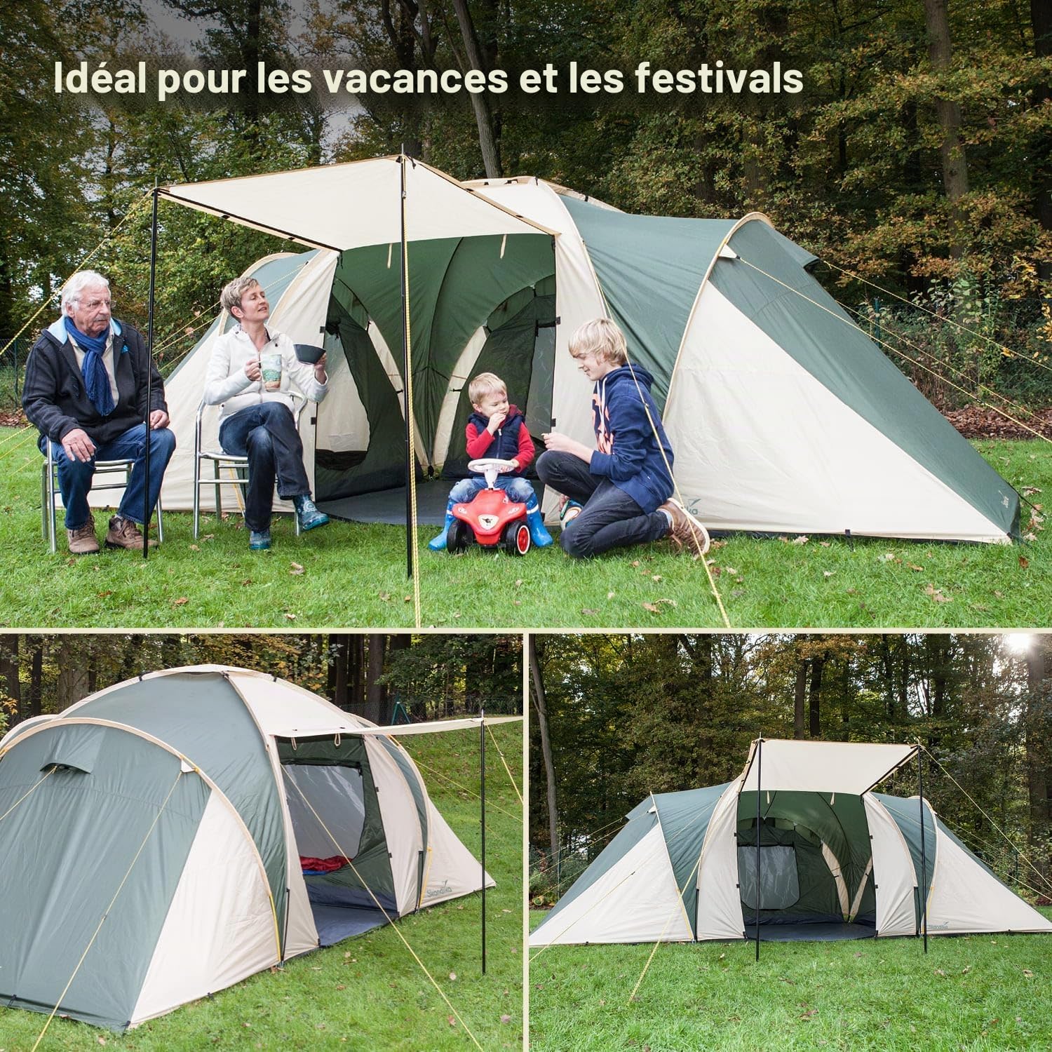Skandika Tente dôme Daytona 6 Personnes | Tente familiale avec 3 cabines de Couchage, Colonne d'eau 3000 mm, Hauteur 195 cm, moustiquaires, Store banne | Tente de Camping pour Famille, Amis