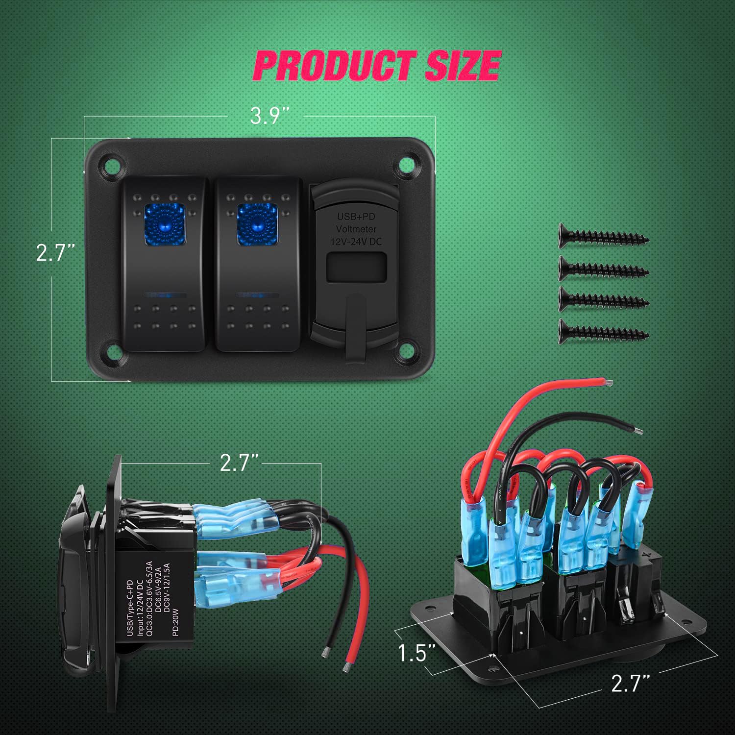 Unifizz 2-drożny przełącznik kołyskowy 12 V SPST ON wyłącznik PD typ C i QC 3.0 ładowarka USB woltomierz wodoodporny aluminiowy przełącznik kołyskowy panel DIY naklejki na łodzie, samochody, kampery,