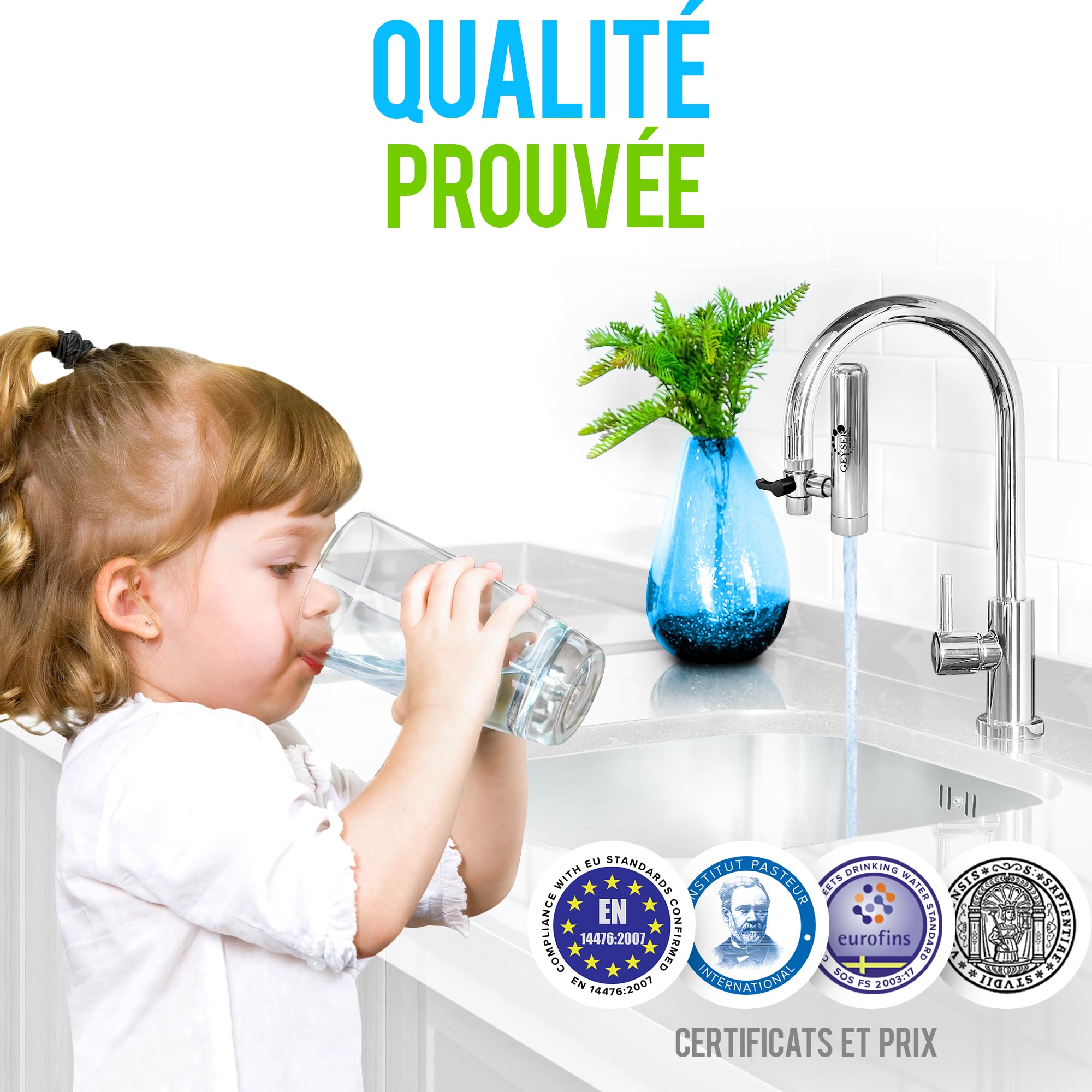 GEYSER EURO - Filtro per Acqua di Rubinetto con Materiale Unico ARAGON, Sistema di Filtraggio Dell'acqua Altamente Efficiente: Sistema con 1 Cartuccia Preinstallata + 3 Cartucce Aggiuntive