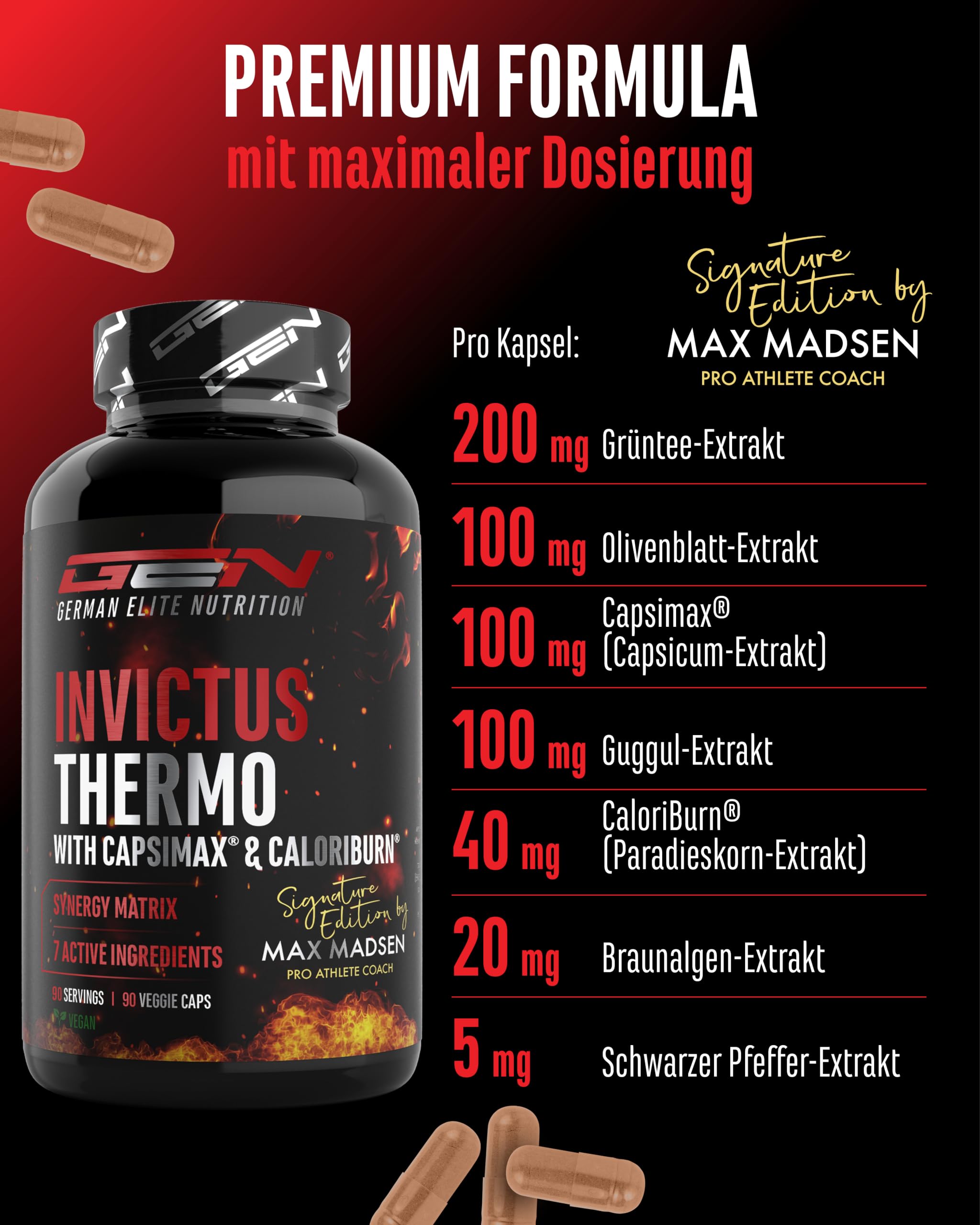 GEN GERMAN ELITE NUTRITION Invictus Thermo vegane Kapseln, 90 Stück | Hochdosierte Thermo Formel, Mit Capsimax® & CaloriBurn®, Grüntee-, Olivenblatt-, Guggul- & Braunalgen-Extrakt, Ohne Koffein