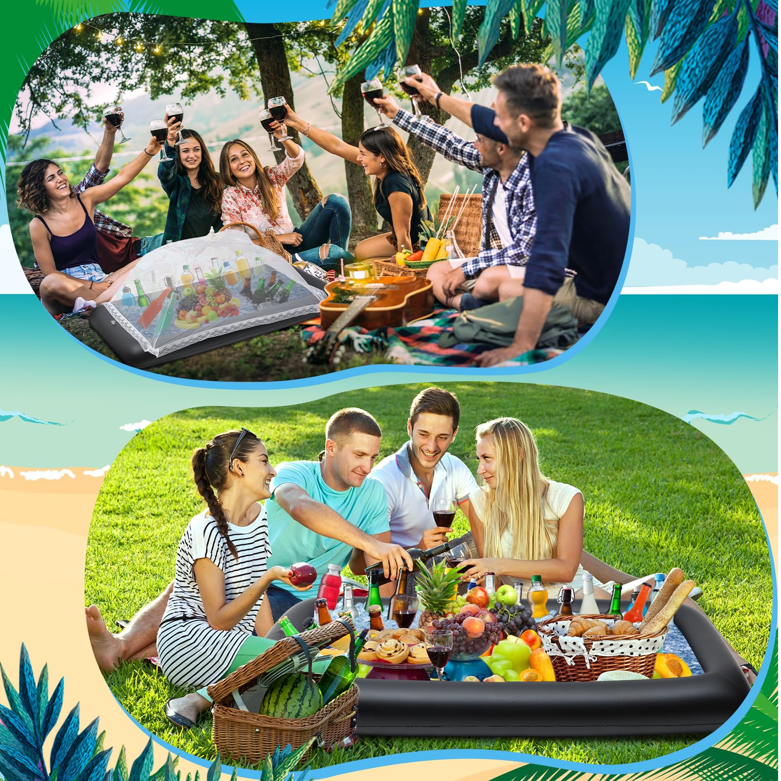 Leitee Kit da bar gonfiabile, include vassoio per buffet per insalata con tappo di scarico, copertura per alimenti, contenitori per bevande e gonfiatore, per forniture di ghiaccio, feste, campeggio,