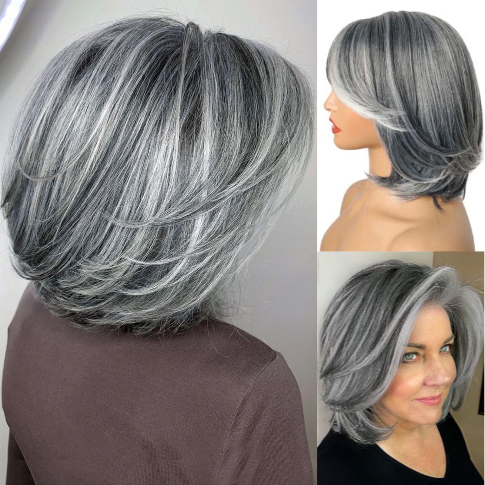 LEOSA Short Grey Wig With Curtain Bangs BoB Layered Silver for Women BOB Natural Looking Pixie Cut Layered Hair Synthetic Wig With Daily Use (Grey#)