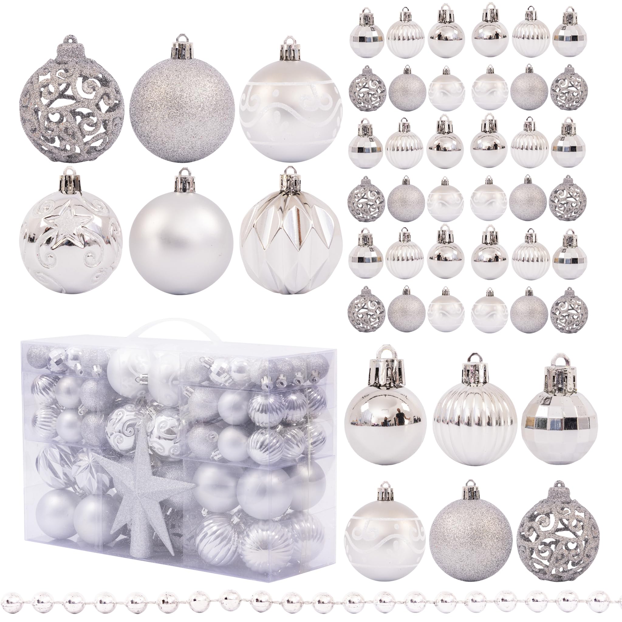 Evelay Silver Christmas Tree Decoration Set 100 Pieces - Baubles, Star Topper & Bead Garland - Glitter, Matte & Metallic Ornaments (Silver)