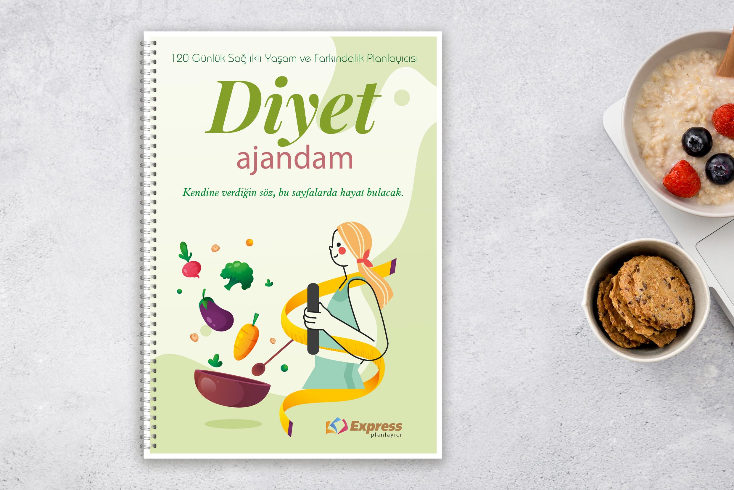120 Günlük Diyet Ajandası - A4 Boyut, Renkli Baskı, Tel Spiral (Sağlıklı Yaşam Planlayıcısı)