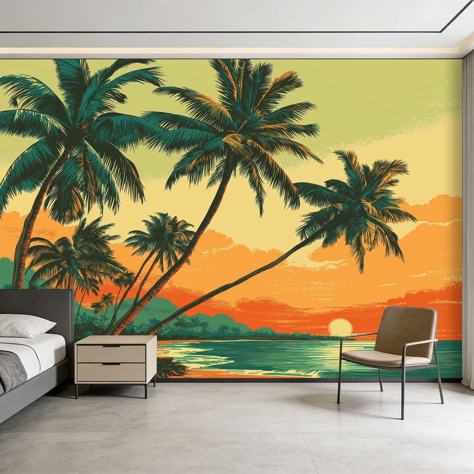 Fototapeta z włókniny 500 x 280 cm, tropikalny zachód słońca, palma, tapeta do salonu, nowoczesna tapeta z włókniny, XXL, tapeta ścienna, tapeta z motywem, efekt 3D, dekoracja ścienna, żółta