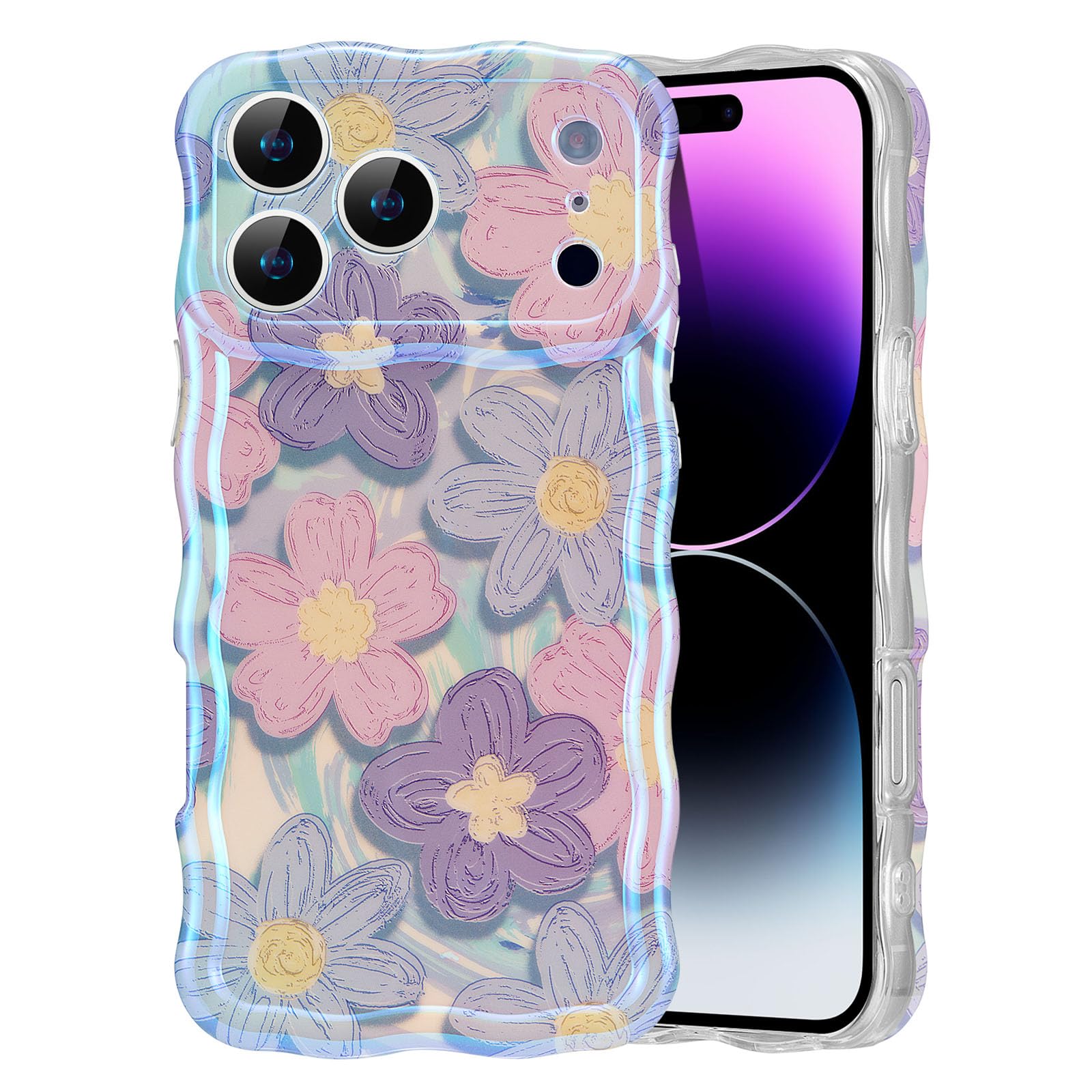 EYZUTAK Case for iPhone 15, Colorful Retro Oil Painting Flower Laser Beam Glossy Pattern Cute Curly Waves Border Exquisite Phone Cover Stylish Durable Soft TPU Protective Case for Girls Women - Green — view 99