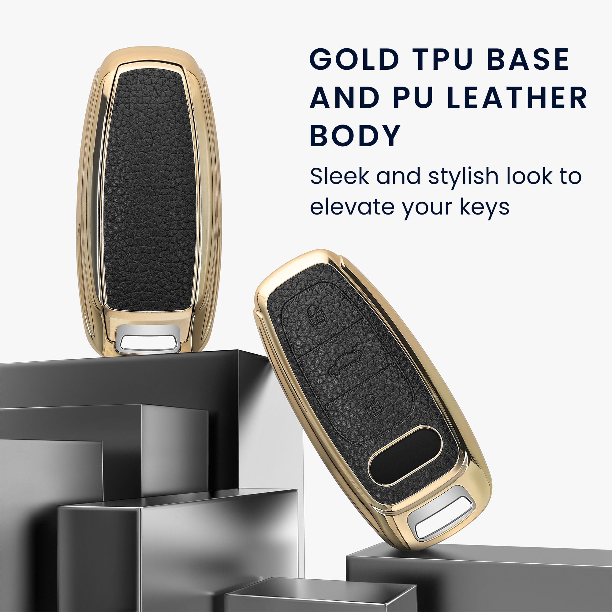kwmobile Key Case Compatible with Audi A6 A7 A8 Q7 Q8 3 Button Car Key Keyless Go Cover - TPU and PU Leather Car Fob Cover - Black/Gold - Image 3