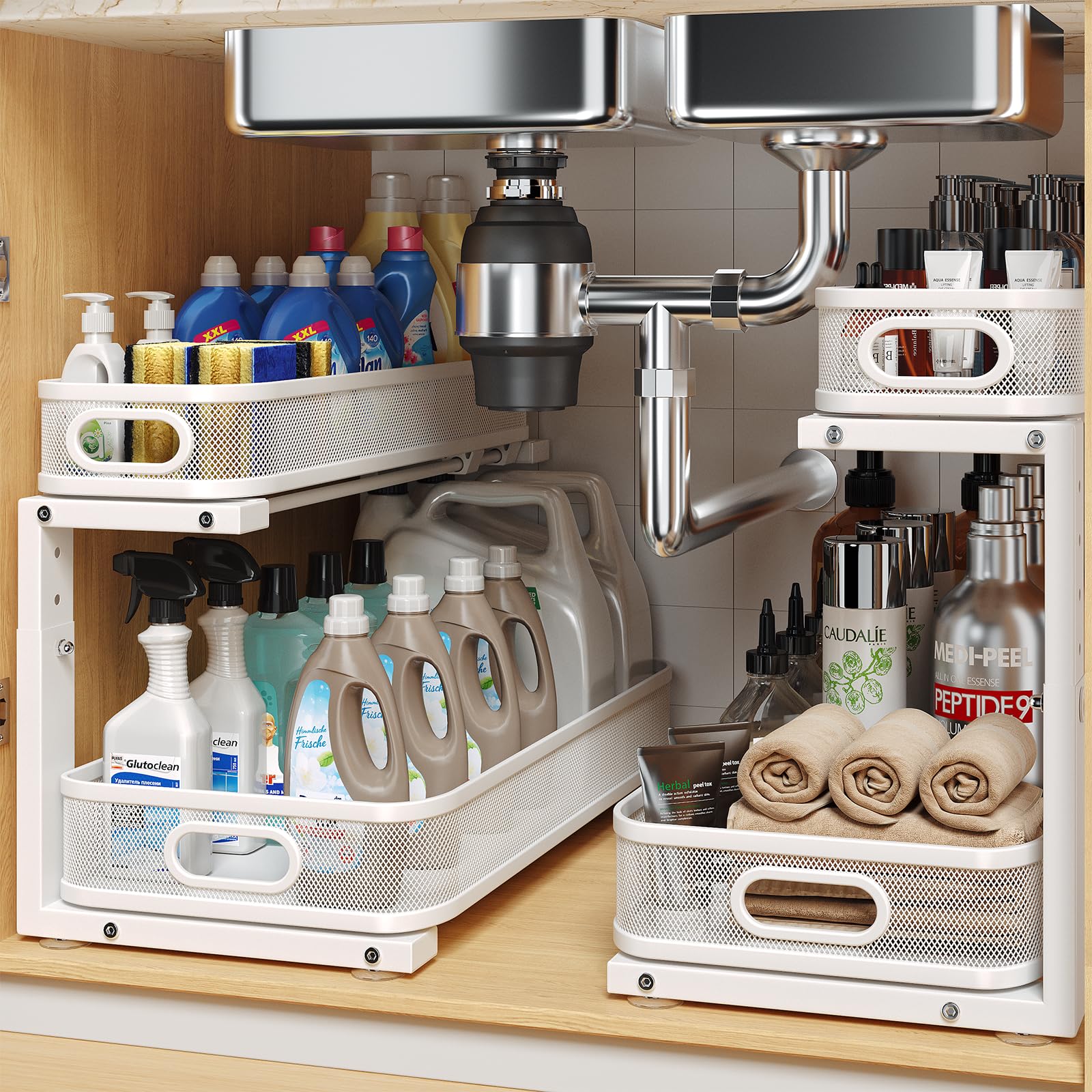 2 Pack 19.3IN-Depth Under Sink Organizer with Smooth Cylindrical Rail,2-Tier Pull Out Multi-Purpose Cabinet Storage for Bathroom&amp;Kitchen,Height Adjustable,Rust-Resistant Coating-White