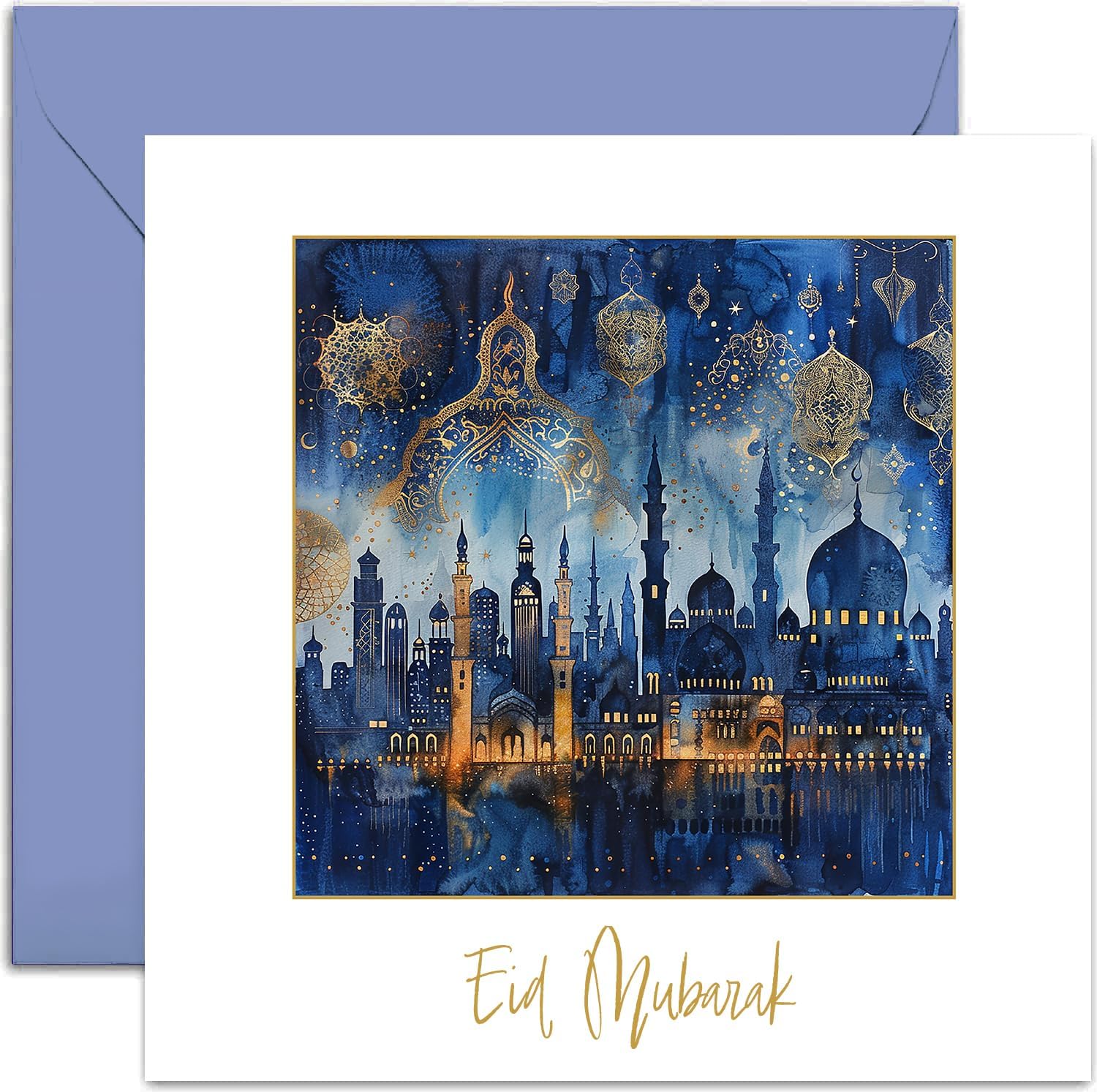Luxury Eid Mubarak Greeting Card for Family Friends - Blessed Eid Islamic Eid Greeting Card - Navy Blue and Gold Pattern Mubarak Decorations - Eid