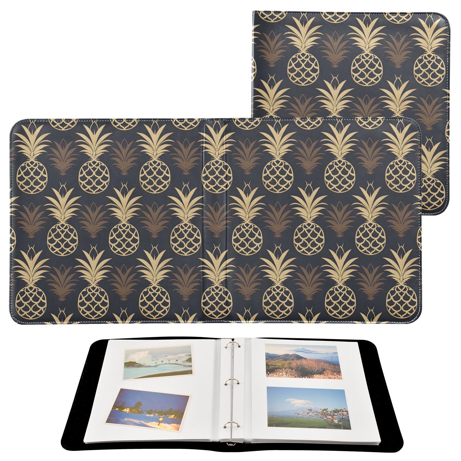 JIPONI Gold Pineapple Large Photo Album, DIY Leather Cover Scrapbook Albums for 4x6 5x7 6x8 Pictures, Self Adhesive Memory Book for Wedding, Baby, Family