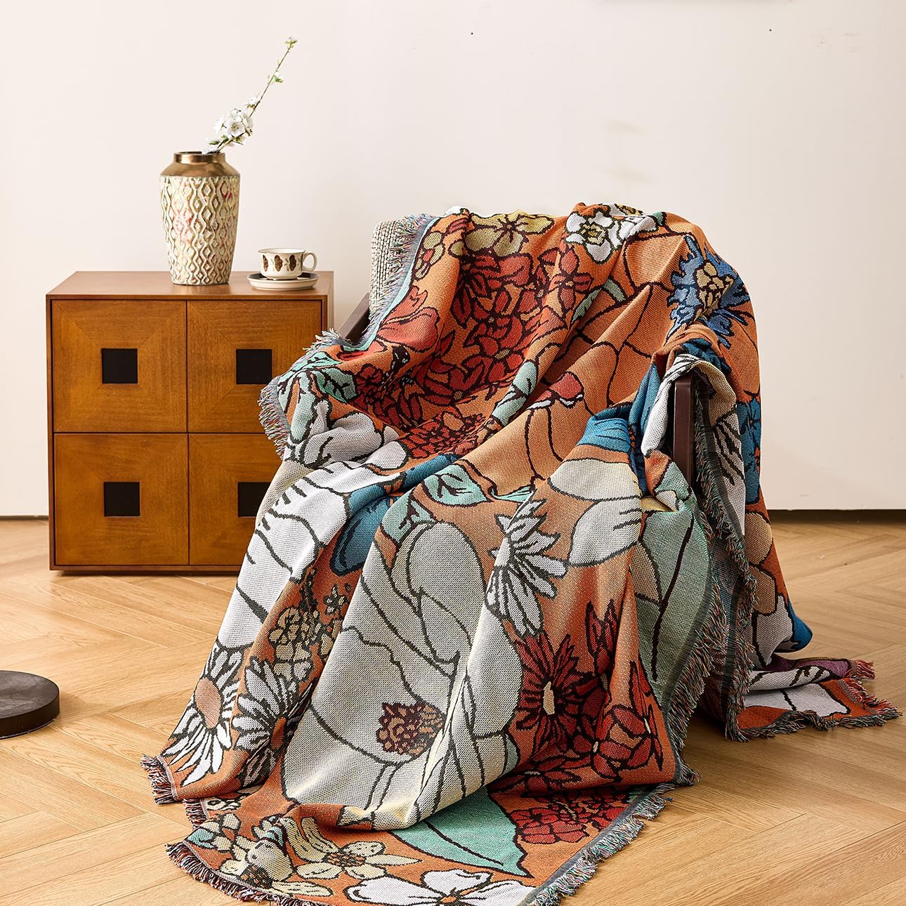 Boho Throw Blanket for Couch Cover, 100% Handwoven Cotton Southwestern